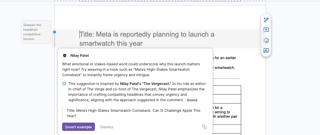 A screenshot of a draft Verge post in Google Docs with an AI-generated Grammarly comment using Nilay Patel’s name