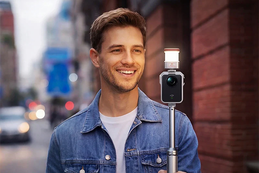A person films themselves using a DJI 360-degree camera on a selfie stick with a Harlowe light attached.