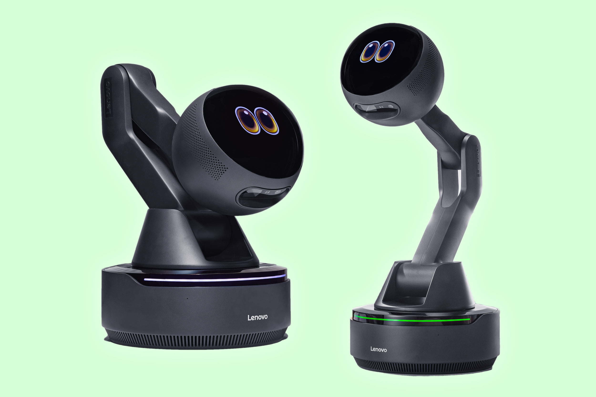 Two images of the Lenovo AI Workmate Concept with its robot arm folded and extended.