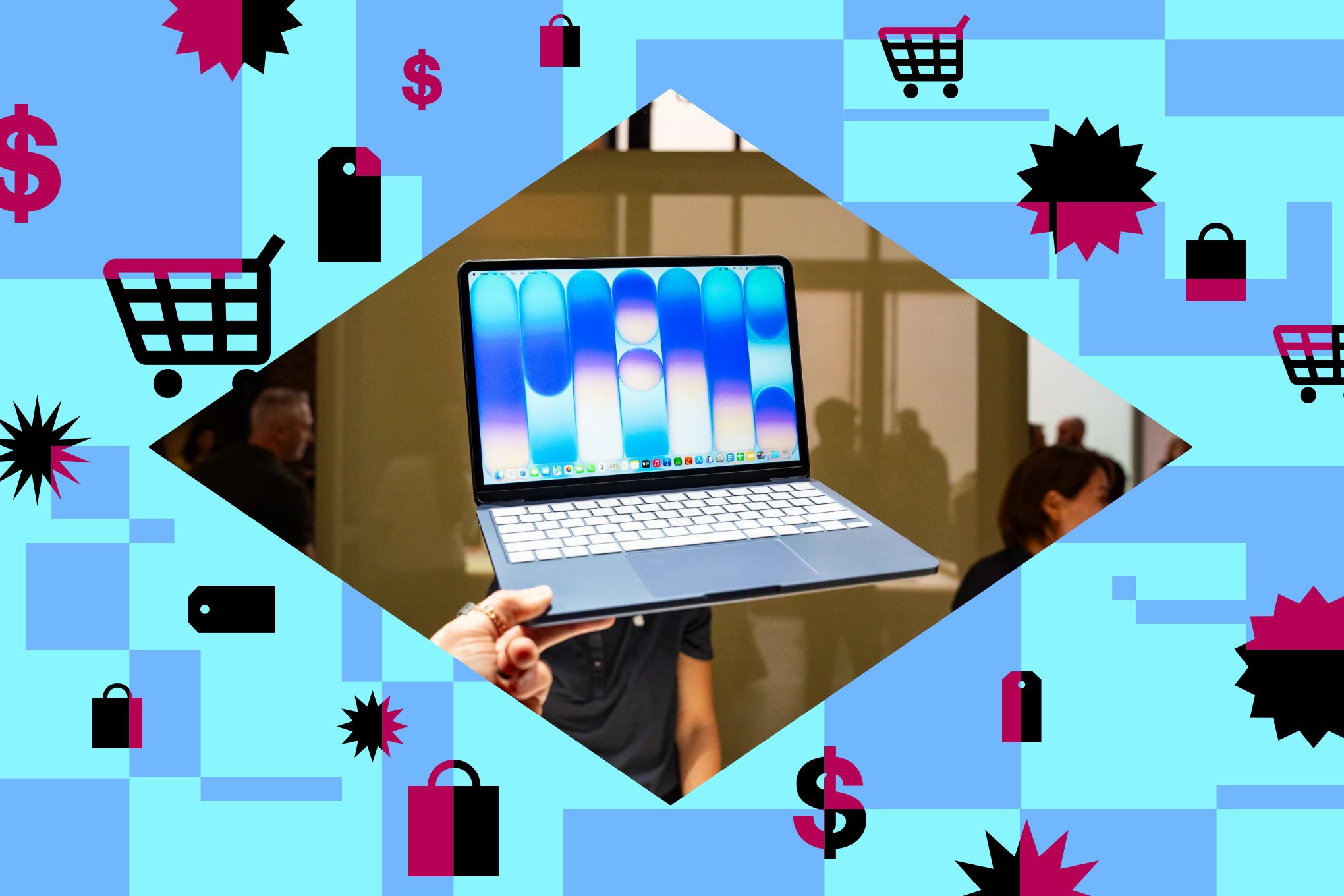 An image showing the blue MacBook Neo being help with one hand. The photo is on a collage backdrop containing shopping symbols including price tags, shopping carts.