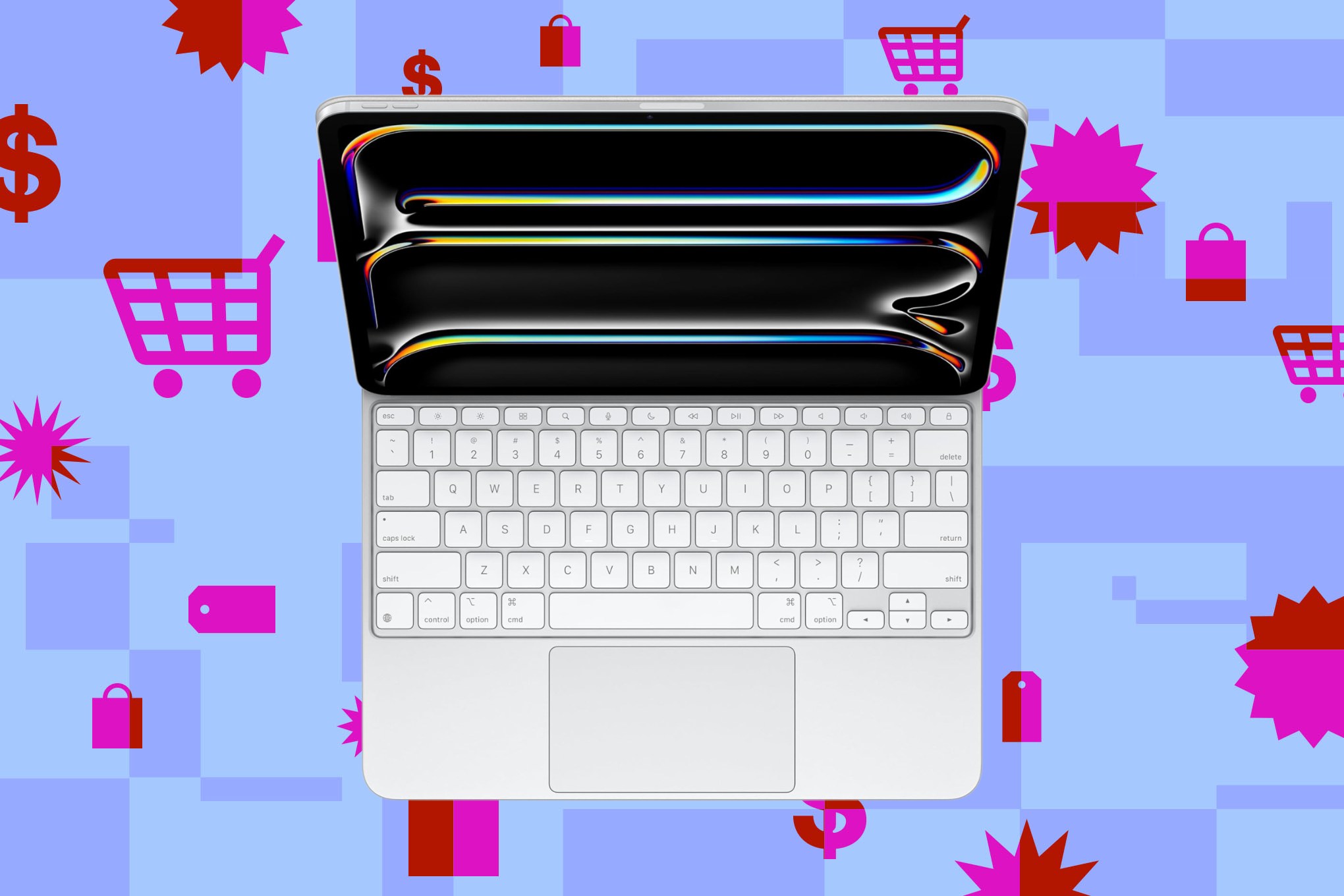 An image showing the white colored Apple Magic Keyboard Case paired with an M4 iPad Pro.