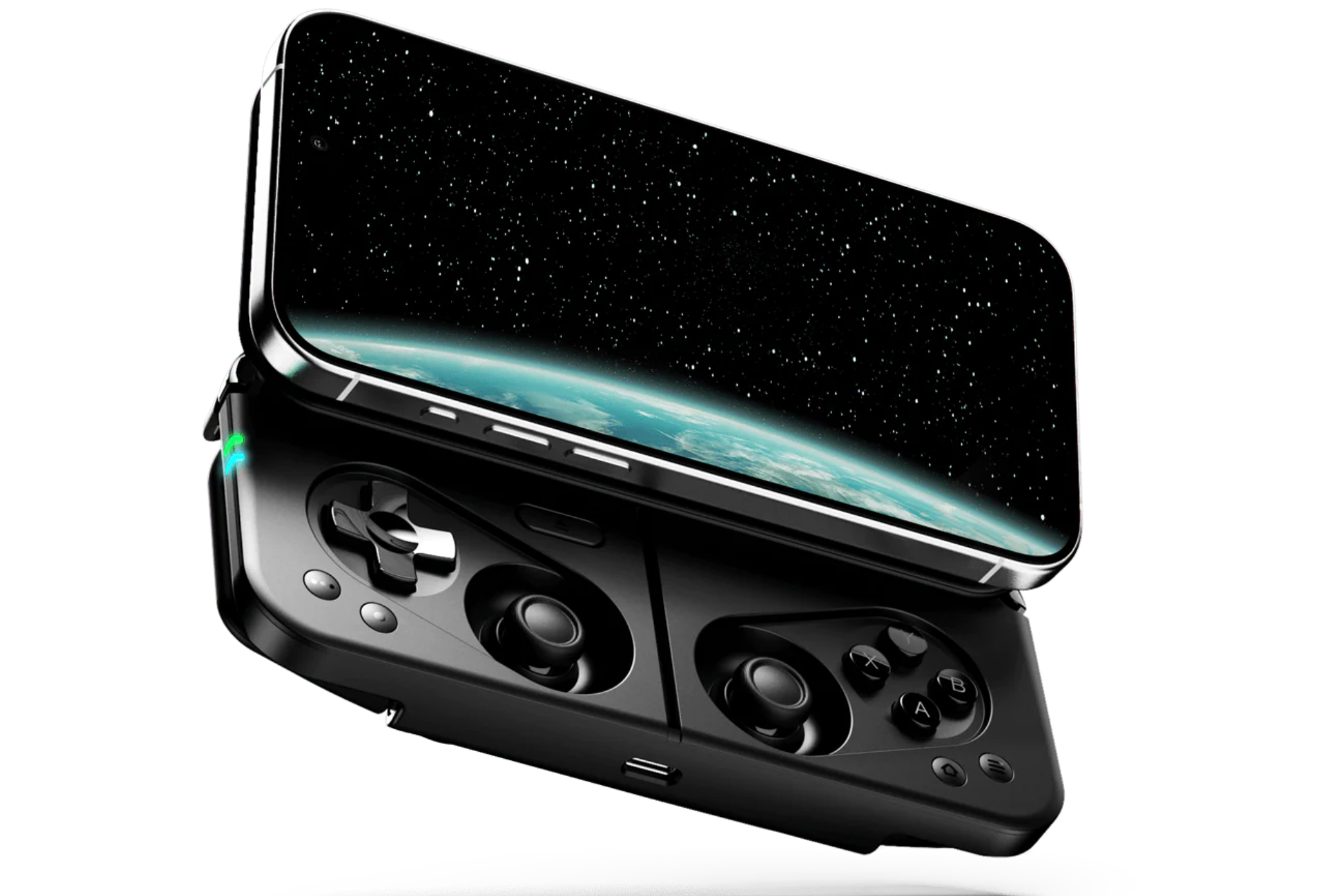 An image of the MCON controller with an iPhone connected to it. The phone’s display shows the edge of Earth, with most of the screen showing star-filled outer space.