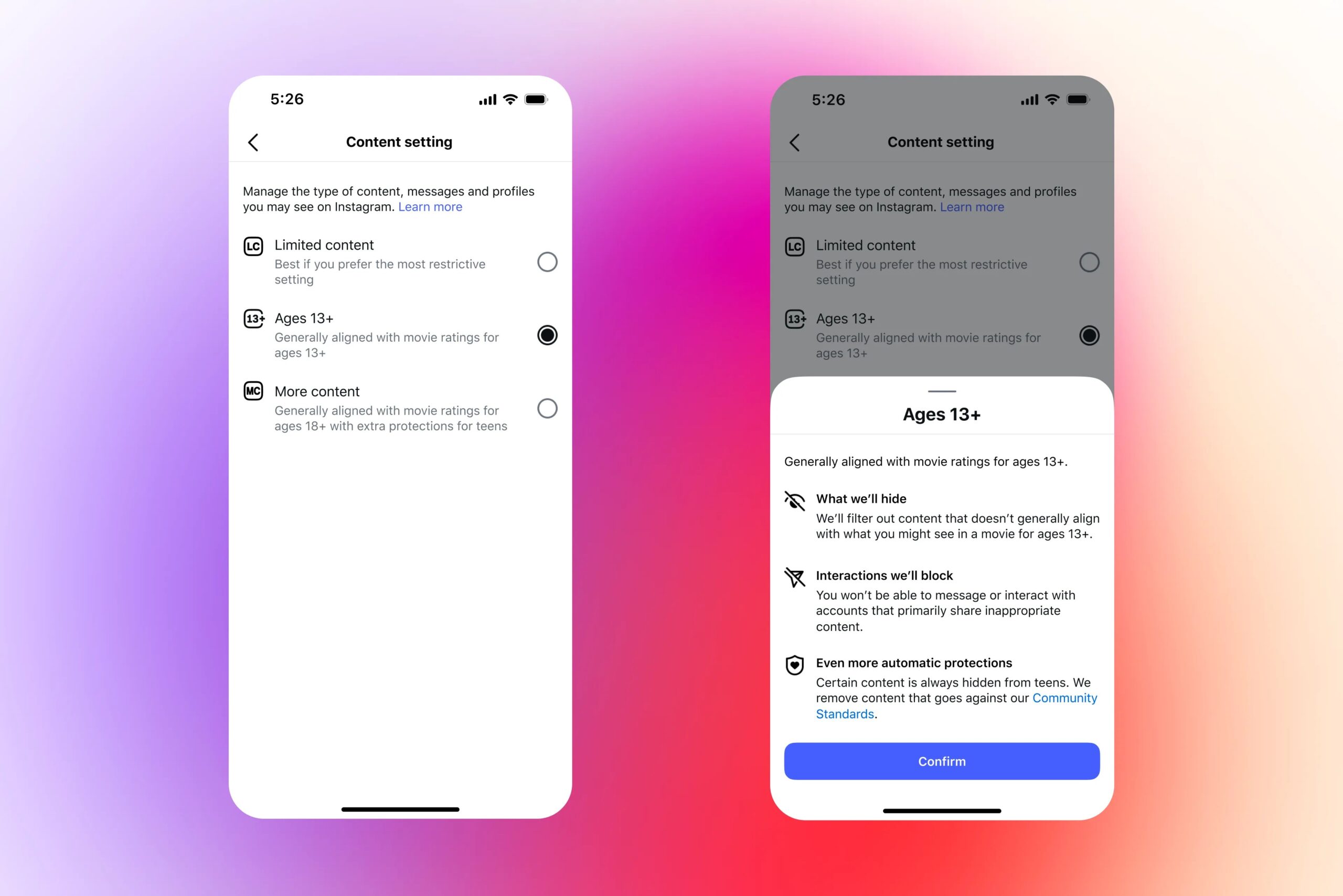 Screenshots of Meta’s 13+ settings