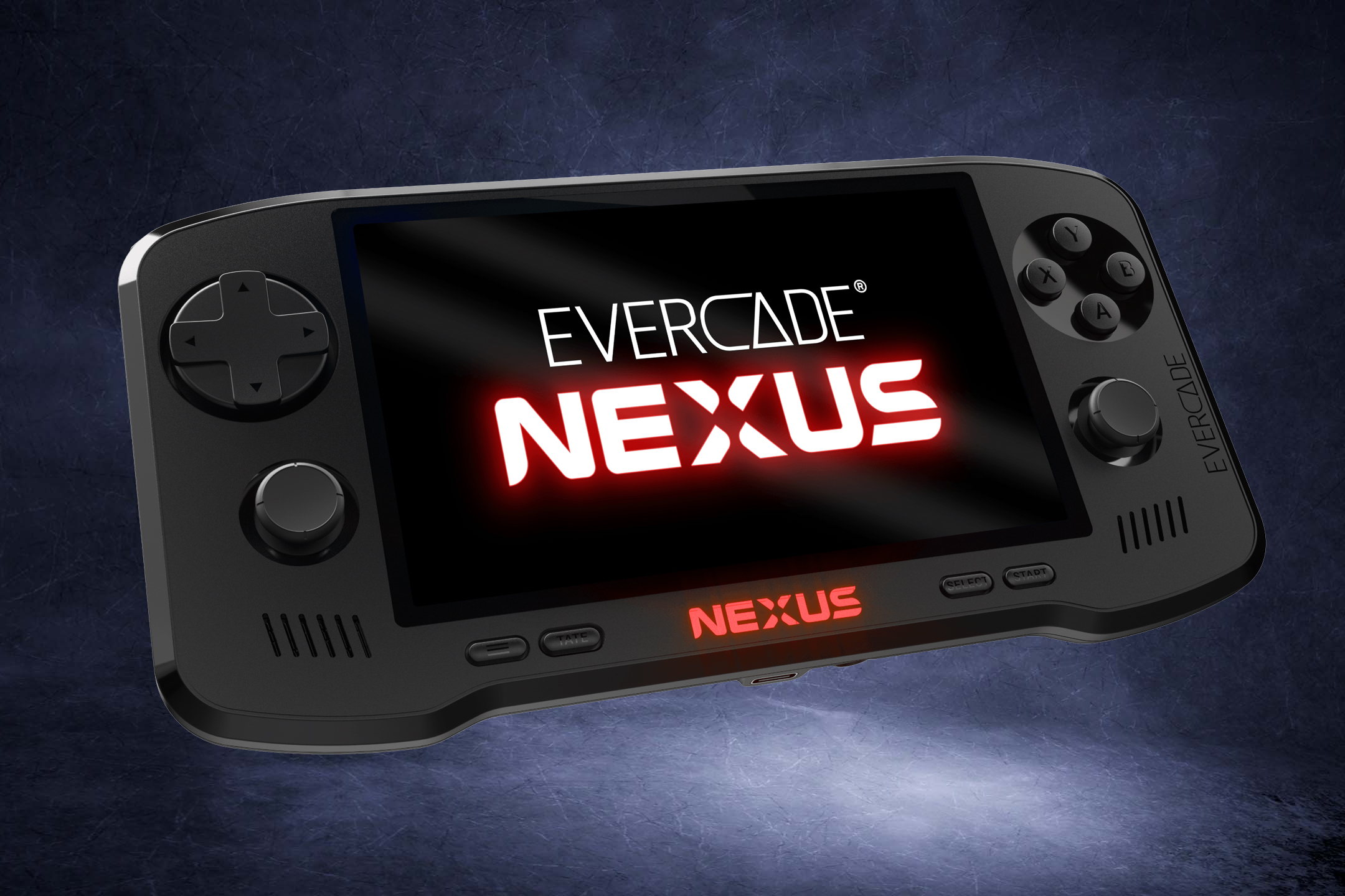 The Evercade Nexus handheld console floating over an illustrated background.