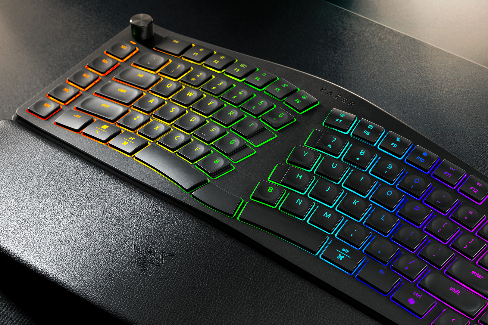 A close-up of the glowing keys on the Razer Pro Type Ergo keyboard.