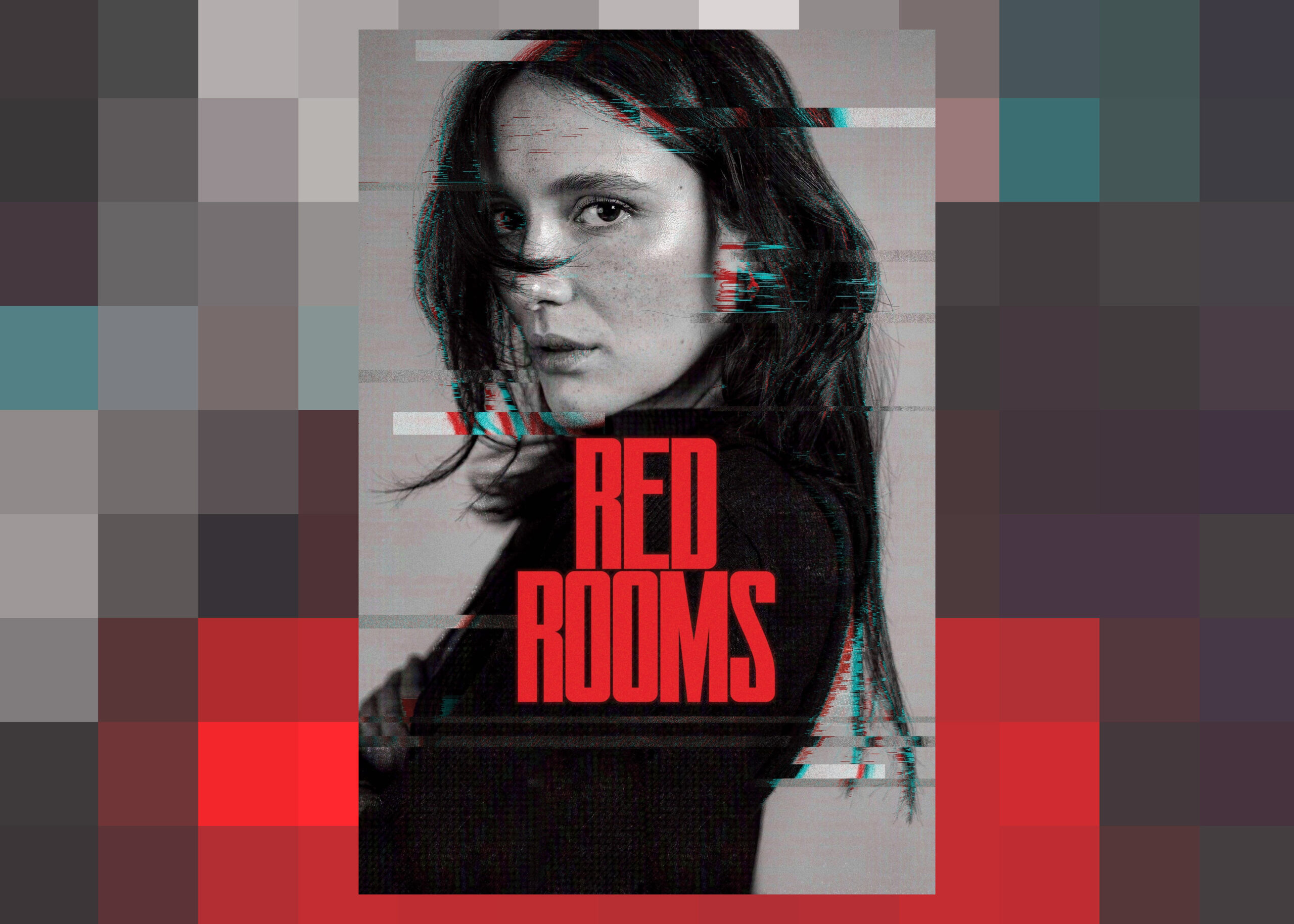 The poster for Red Rooms featuring Juliette Gariépy super imposed over a pixelated version of itself.
