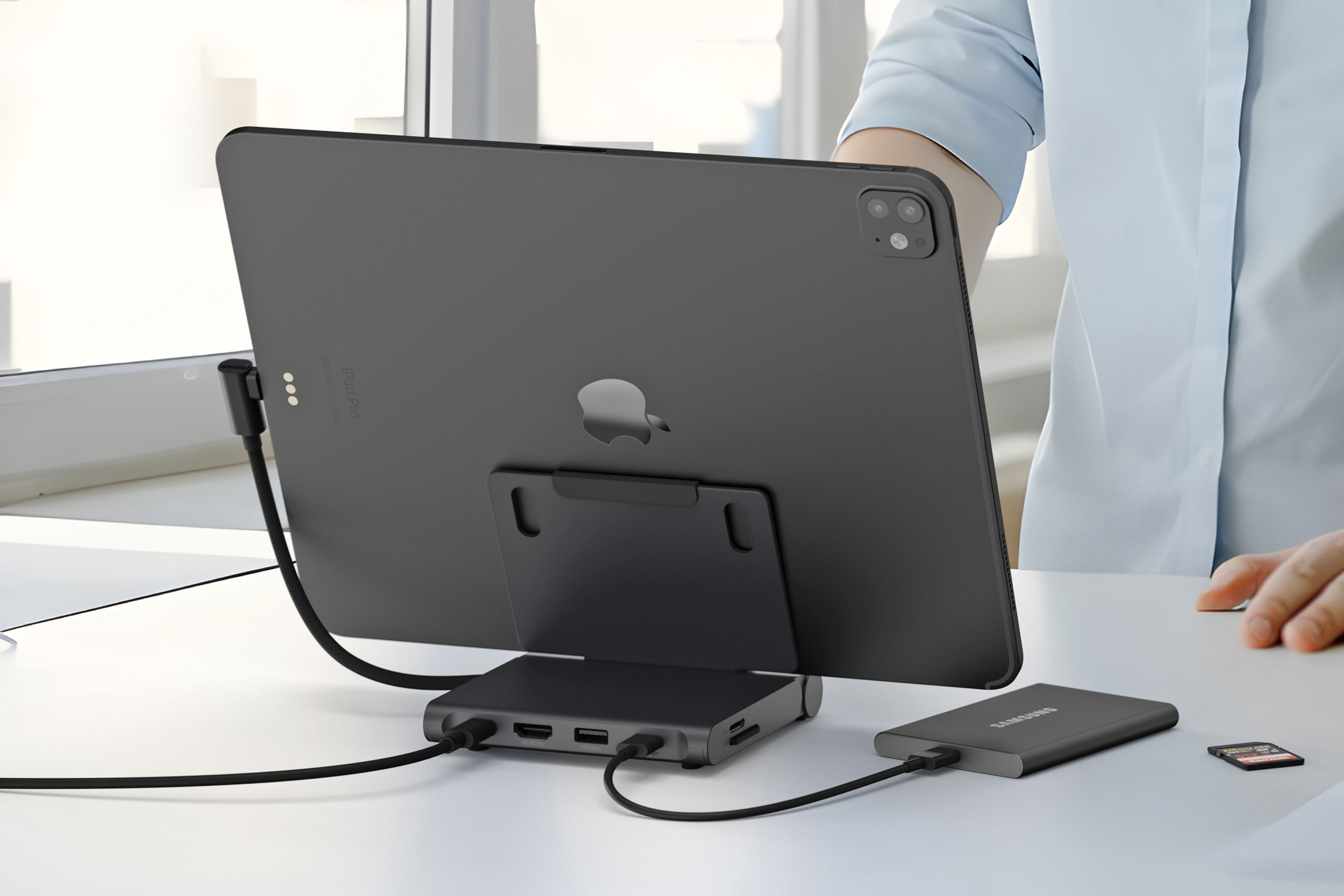 An iPad connected to Satechi’s new OntheGo Foldable Stand Hub