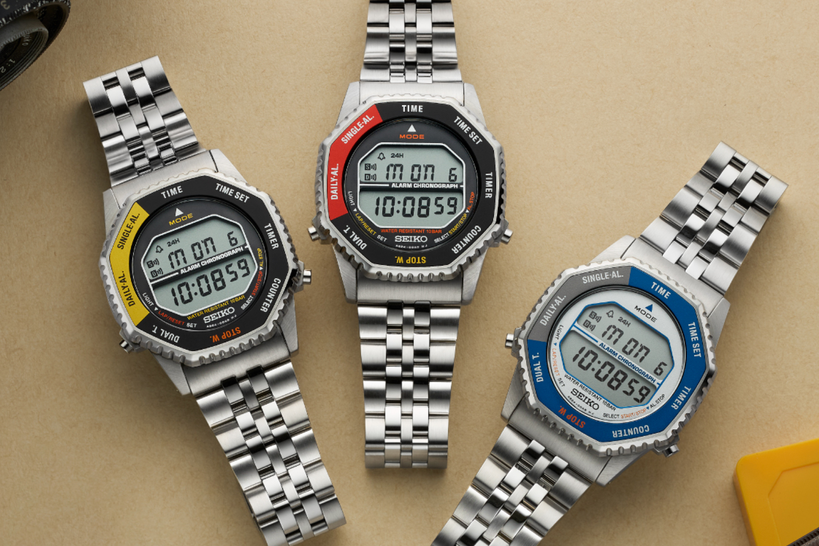 Seiko’s modern version of its retro Rotocall watch shown in three different colors.