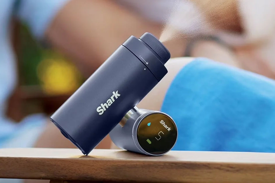 The Shark ChillPill propped up on a table blasting a fine mist. The Shark ChillPill propped up on a table blasting a fine mist.