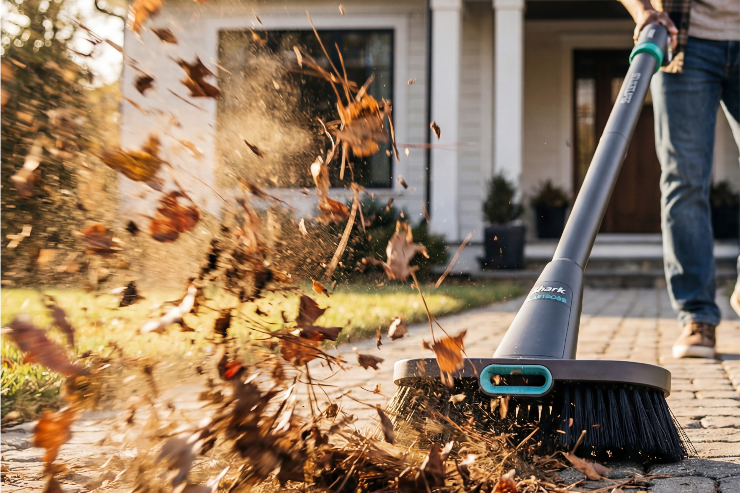 The SharkNinja BlastBoss with its broom attachment being used to blow leaves off a sidewalk.
