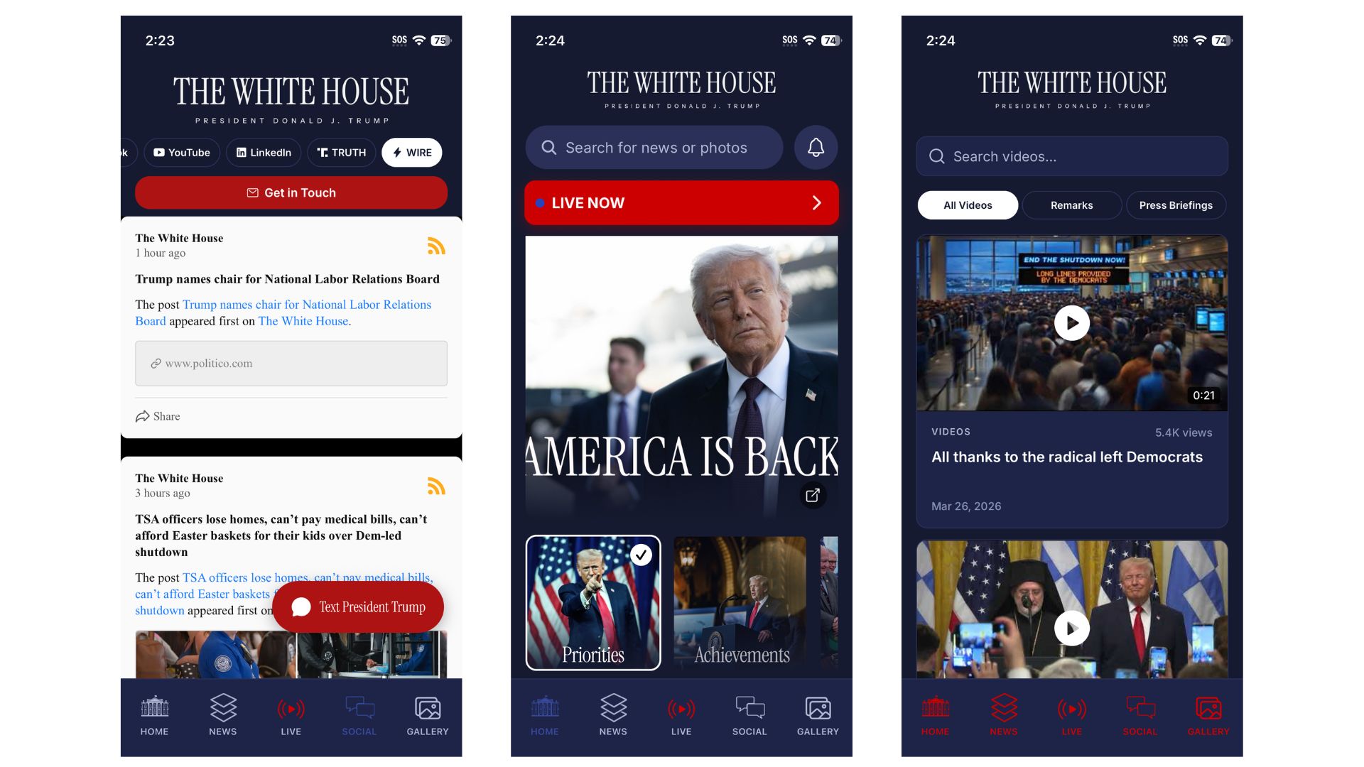 Screenshots of the iOS version of the official White House app