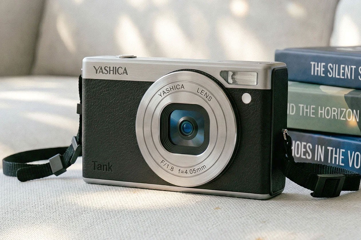 The Yashica Tank camera in black next to a pile of books.