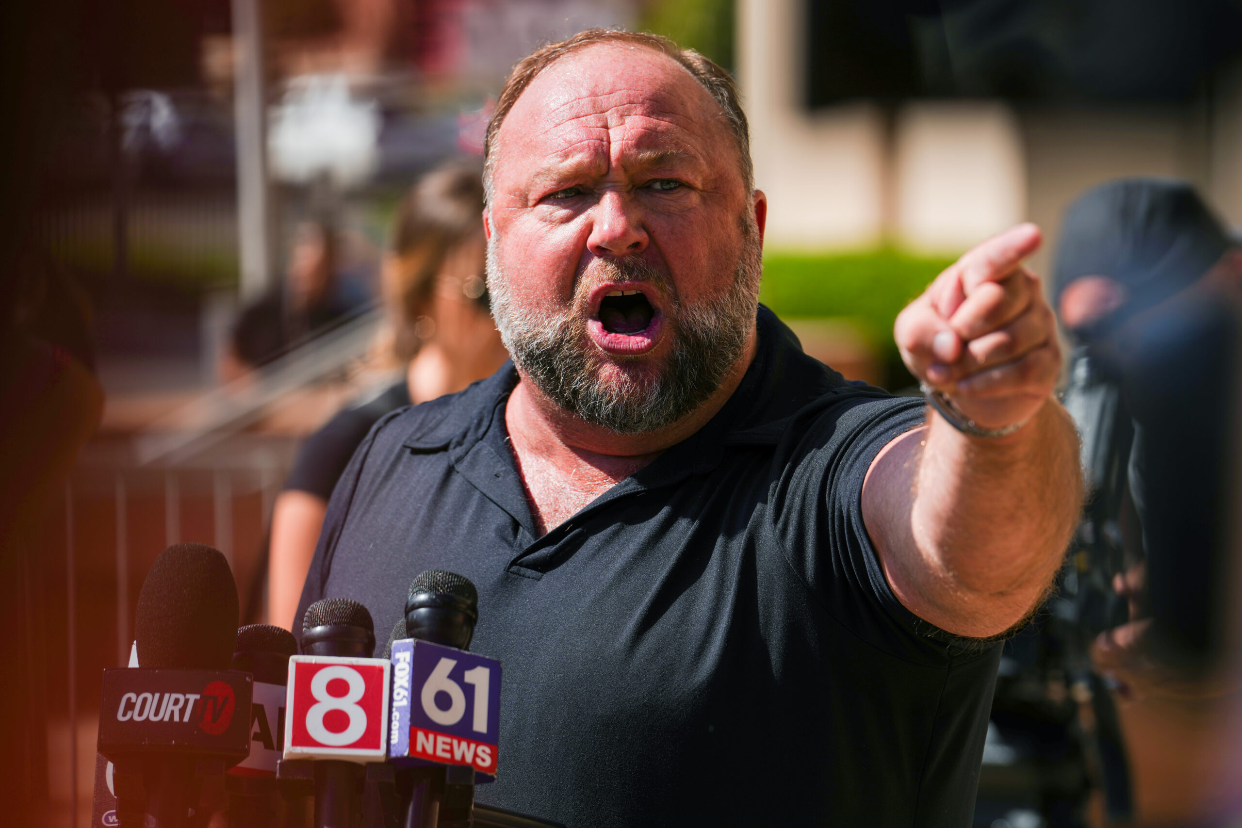 Alex Jones Speaks To The Media Outside The Sandy Hook Trial In Waterbury, Connecticut