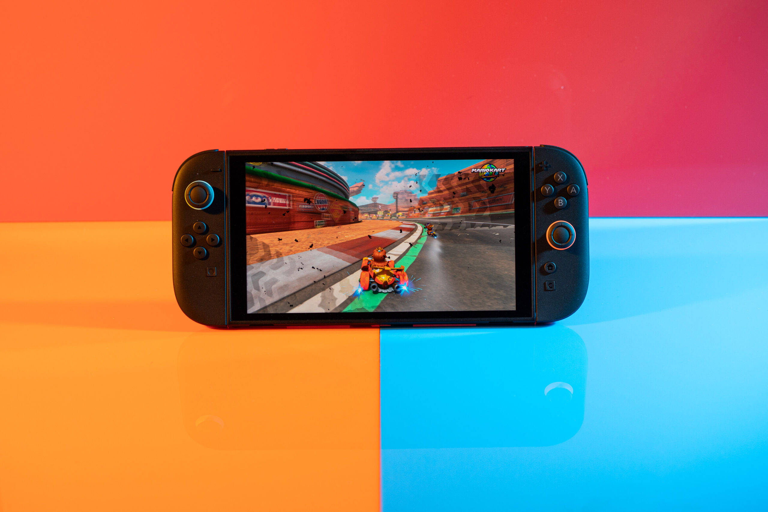 A photo of Mario Kart World running on a Nintendo Switch 2 in handheld mode.