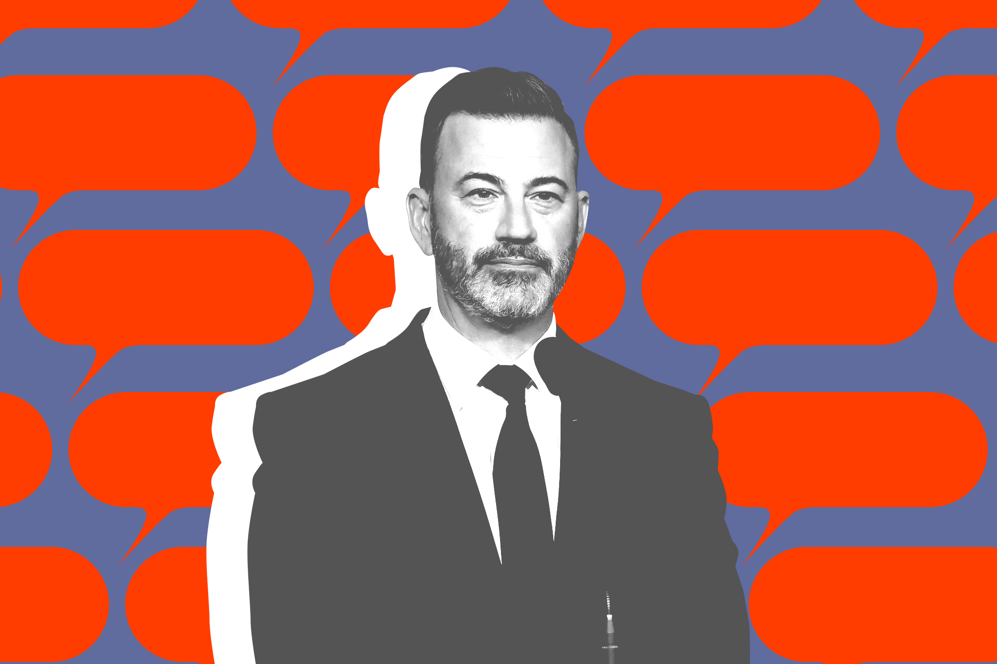 A picture of Jimmy Kimmel against a background of red speech bubbles