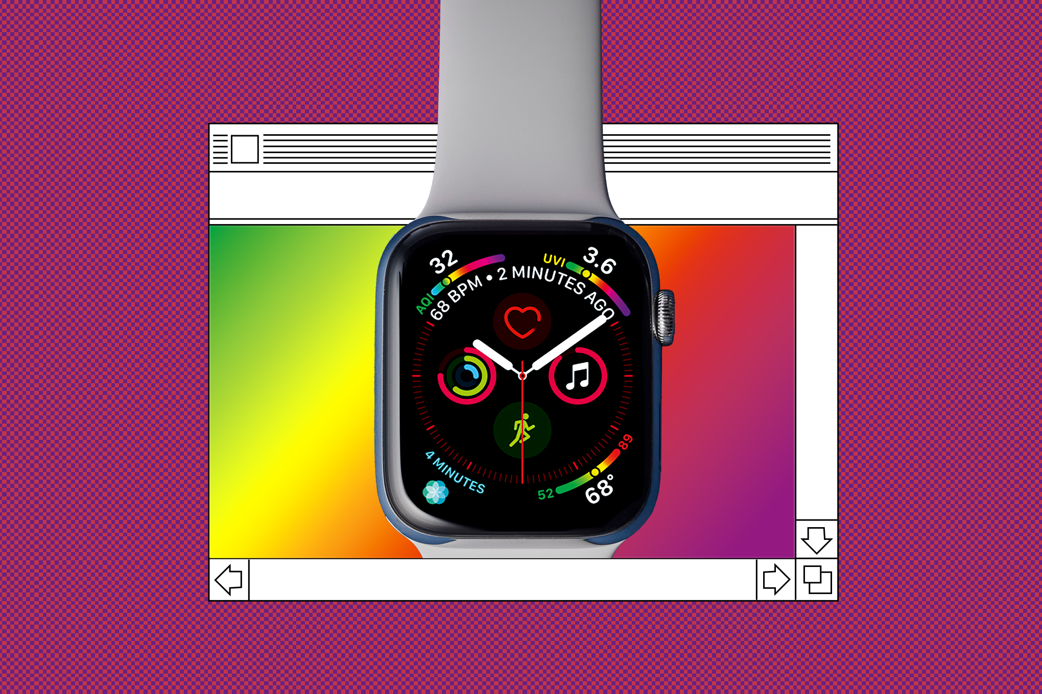 Apple Watch Series 4 on a rainbow gradient background.