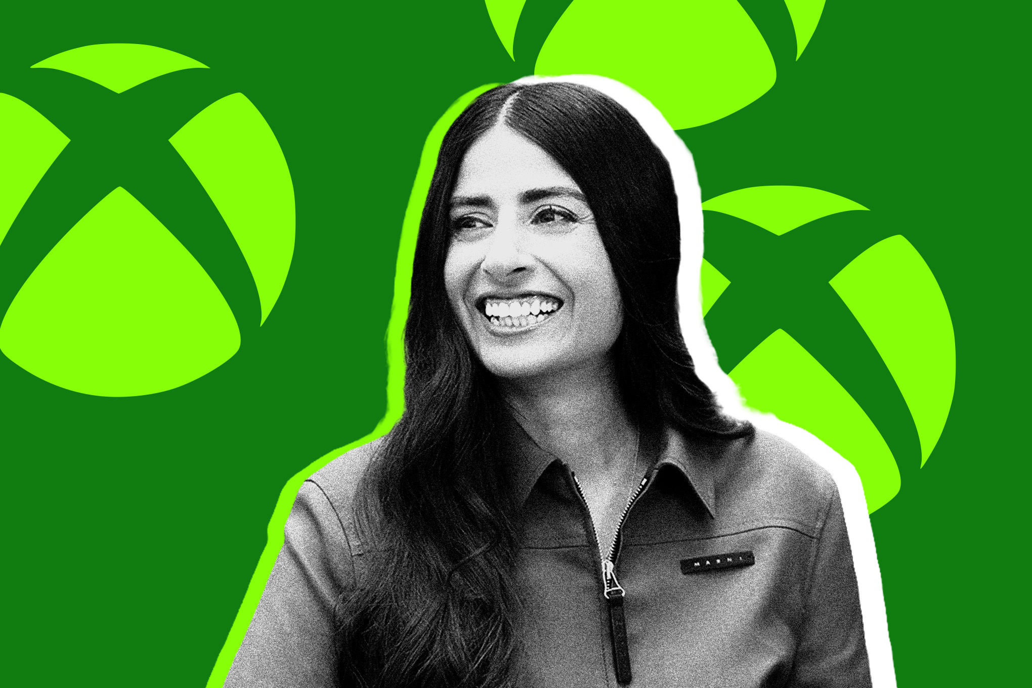 Asha Sharma on a background of green Xbox logos.