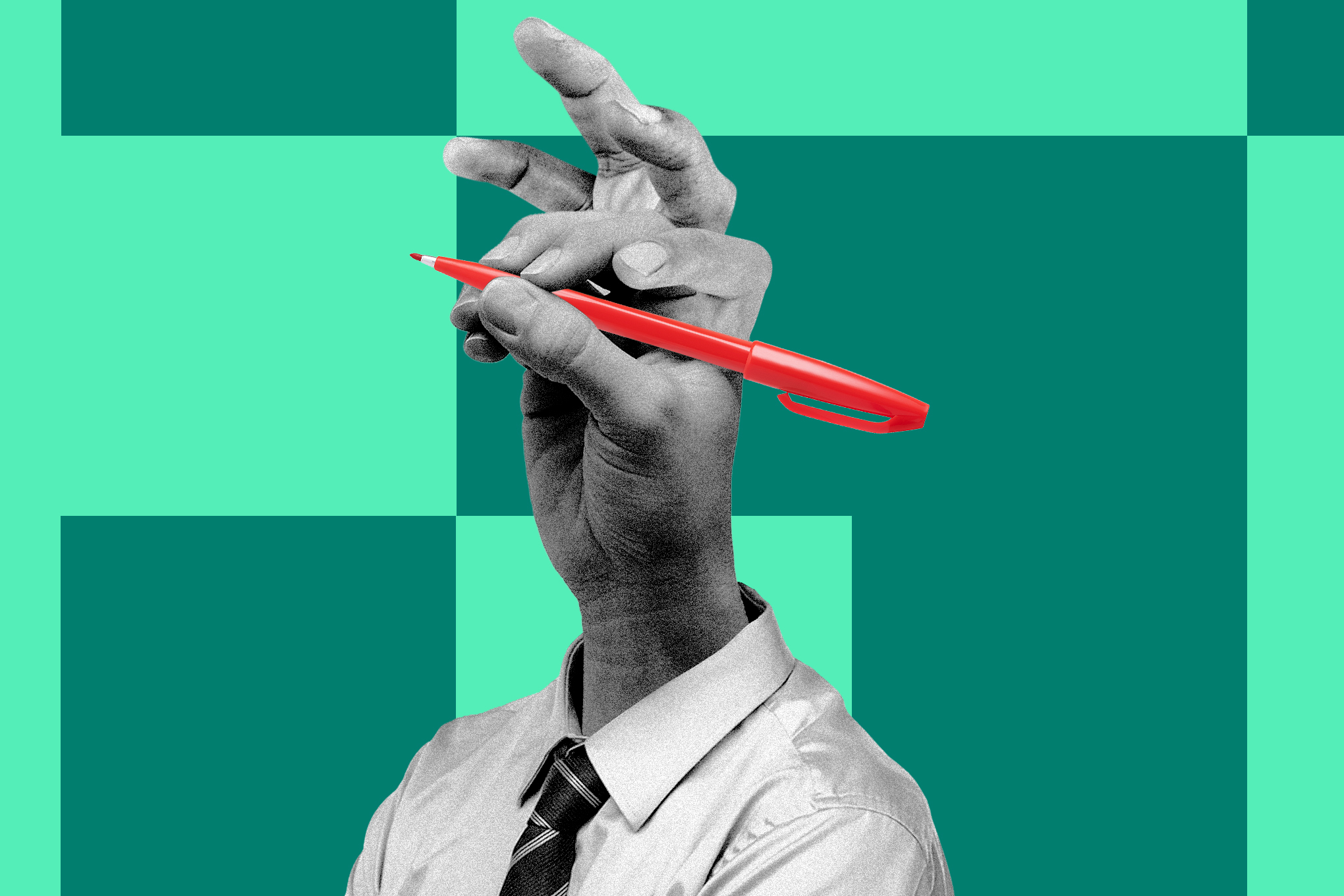 An illustration of a hand with extra fingers where a head should be