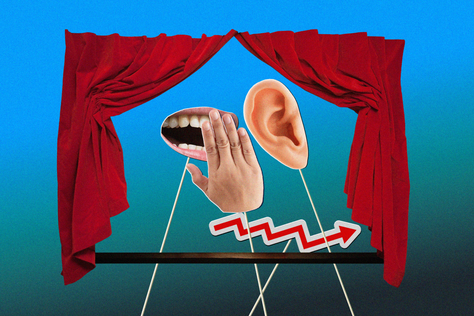 Puppet show of a mouth whispering behind a hand into an ear.