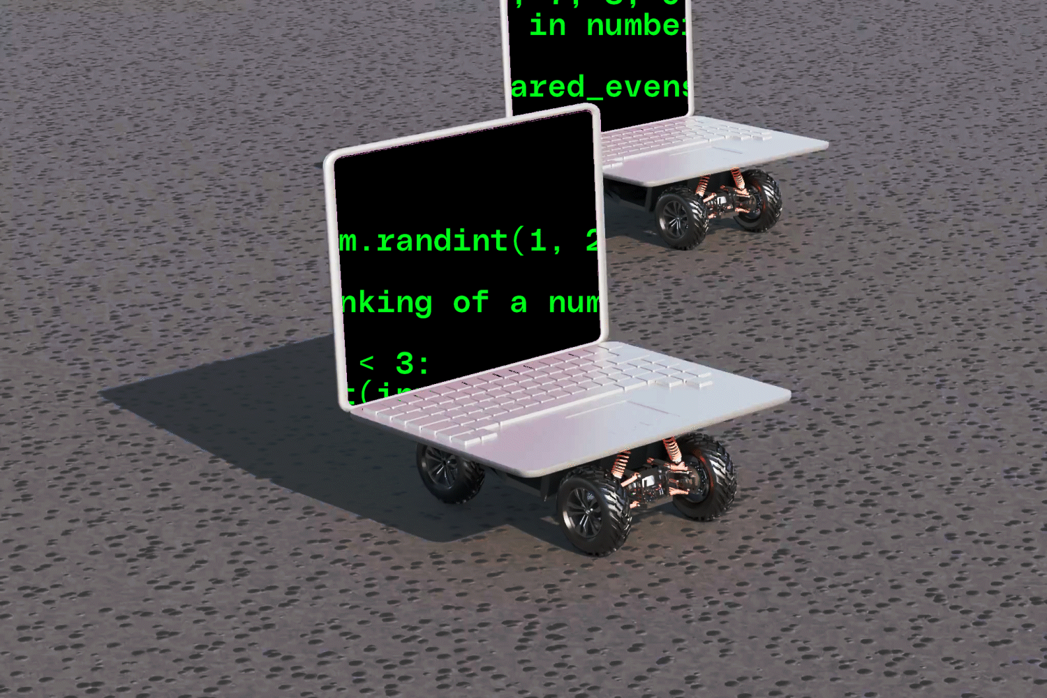 An animation of laptops racing with live code being generated on their screens