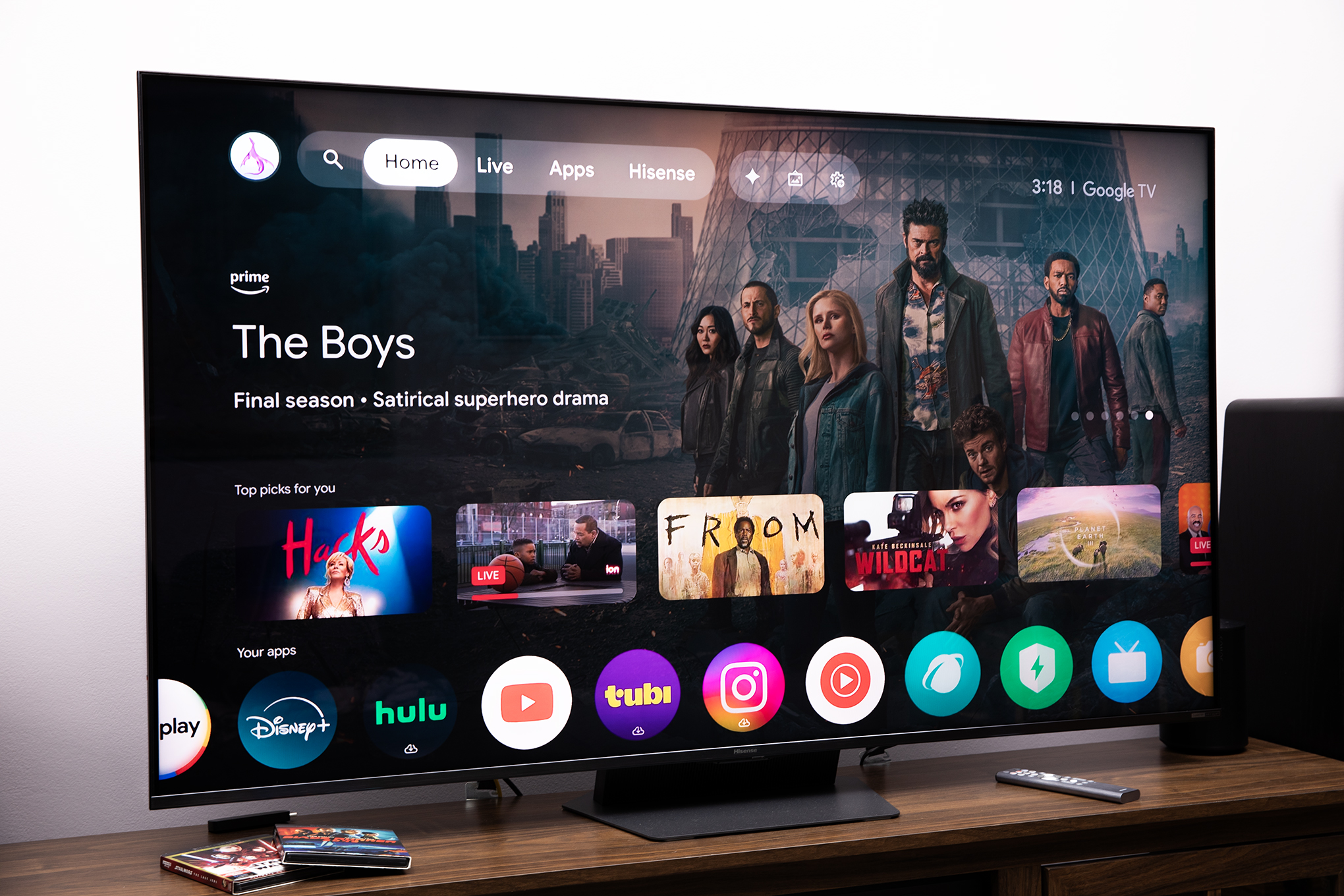 Hisense UR9 RGB LED TV showing The Boys preview screen.