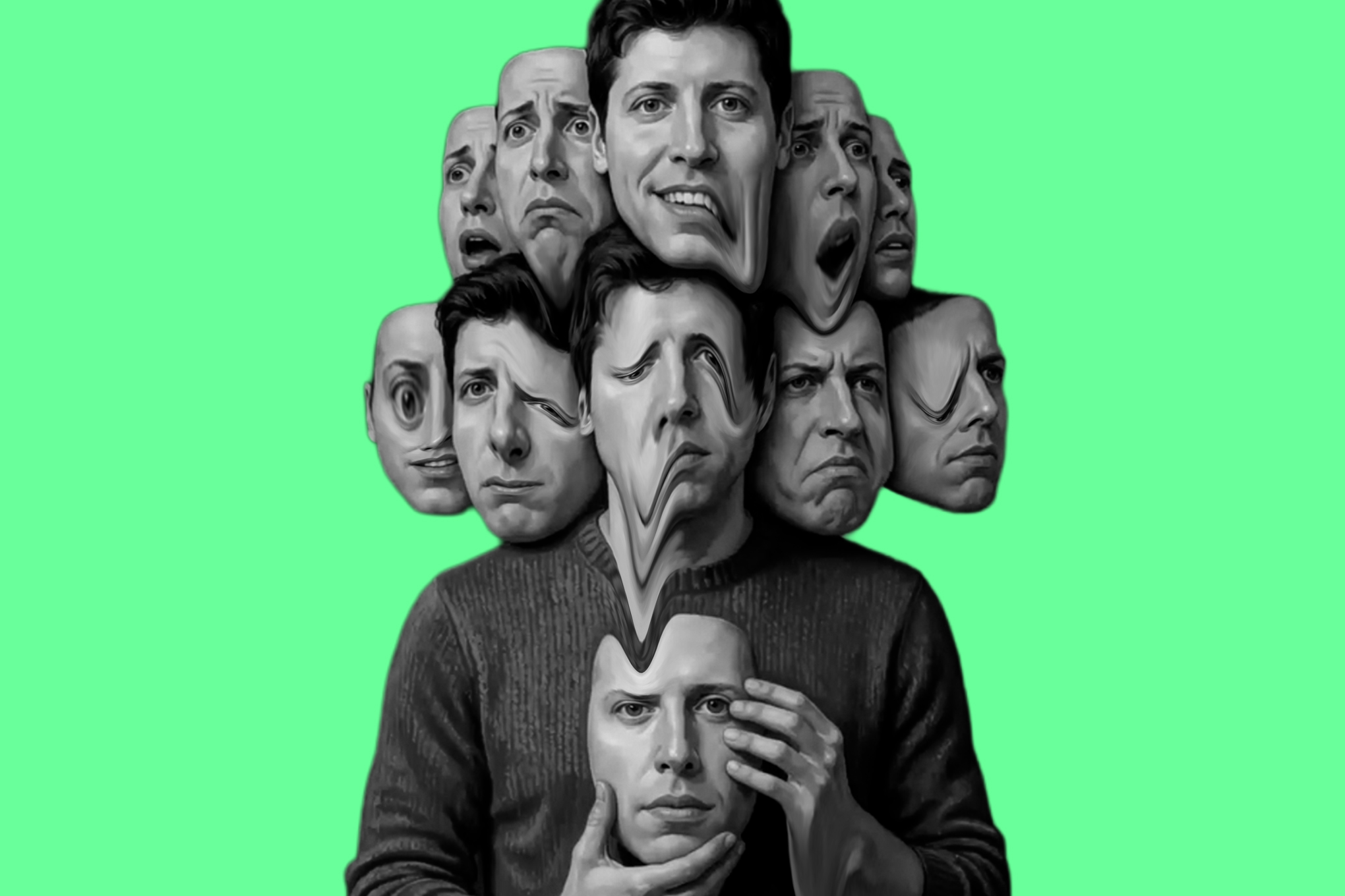 Collage of David Szauder’s New Yorker Sam Altman illustration edited to look like its melting.