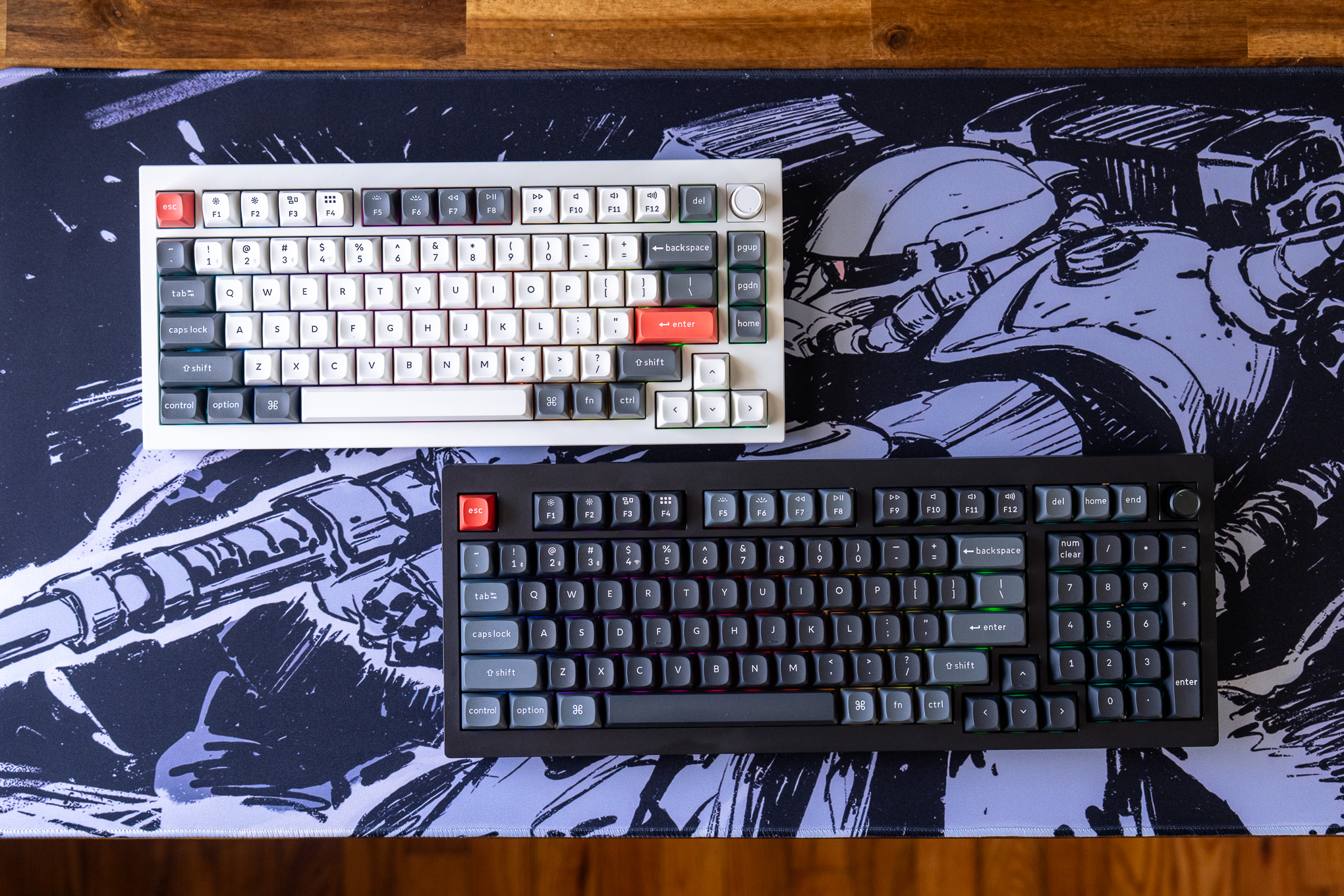 Keychron Q1 Ultra 8K and V5 Ultra 8K mechanical keyboards on a desk mat with an anime mecha illustration.