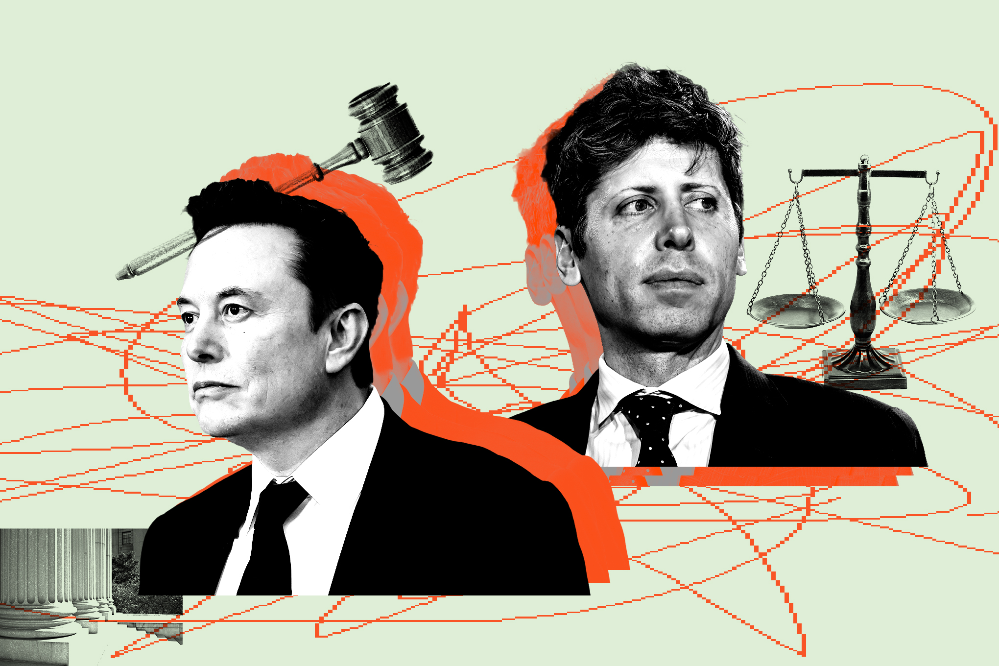 Graphic photo collage of Sam Altman and Elon Musk.