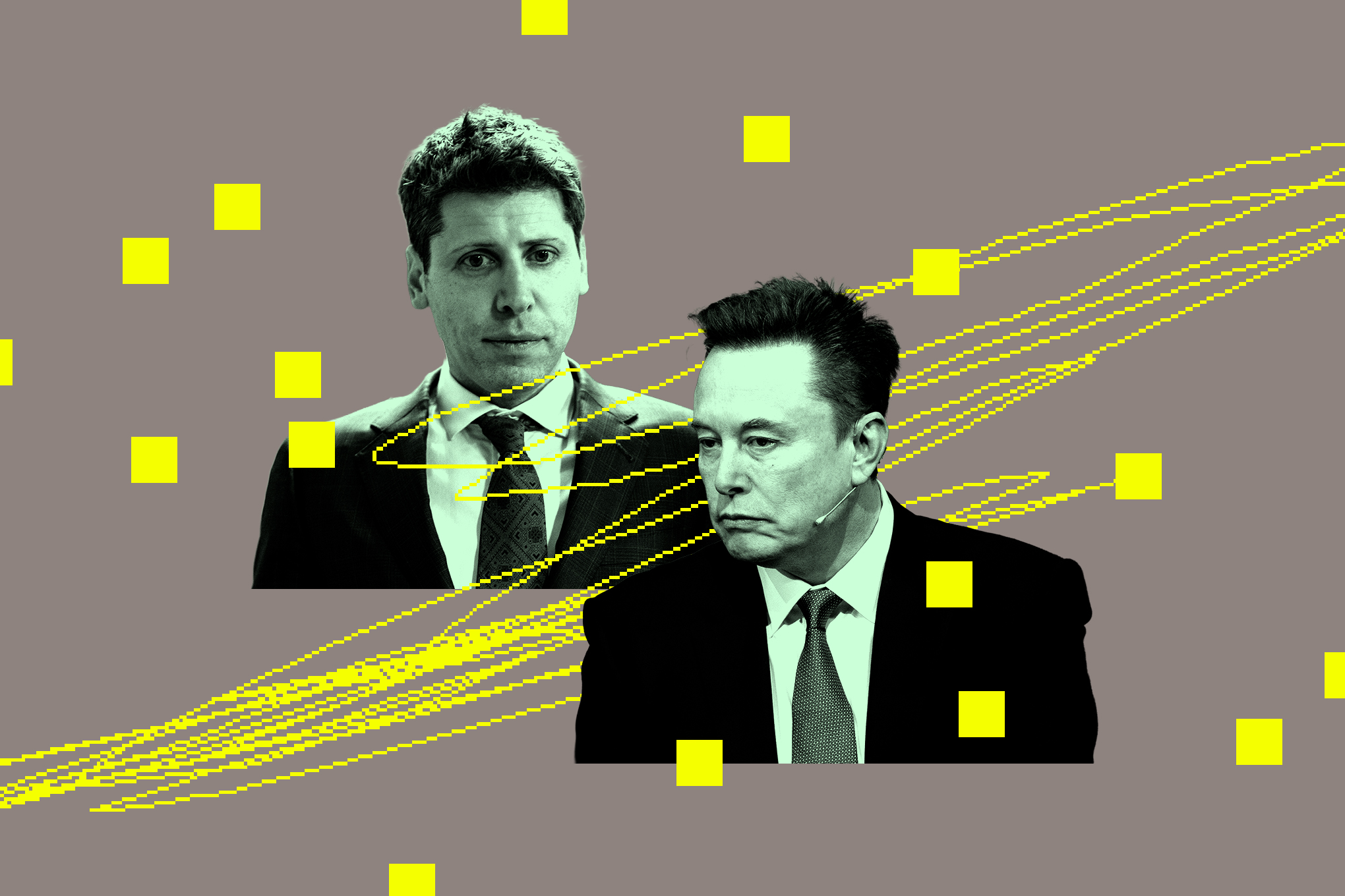 Graphic photo collage of Sam Altman and Elon Musk.