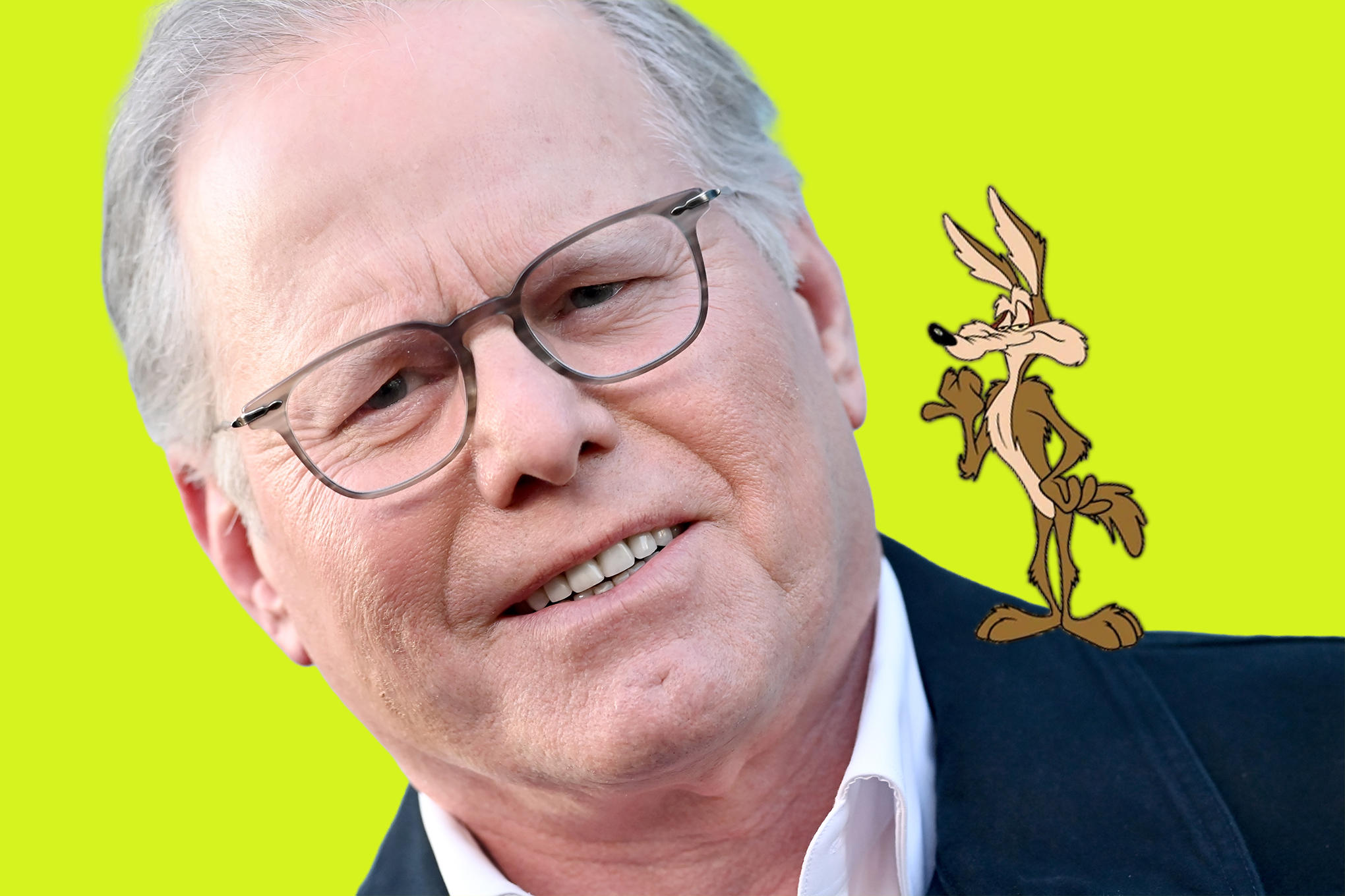 An illustration of David Zaslav with Wile E. Coyote on his shoulder.