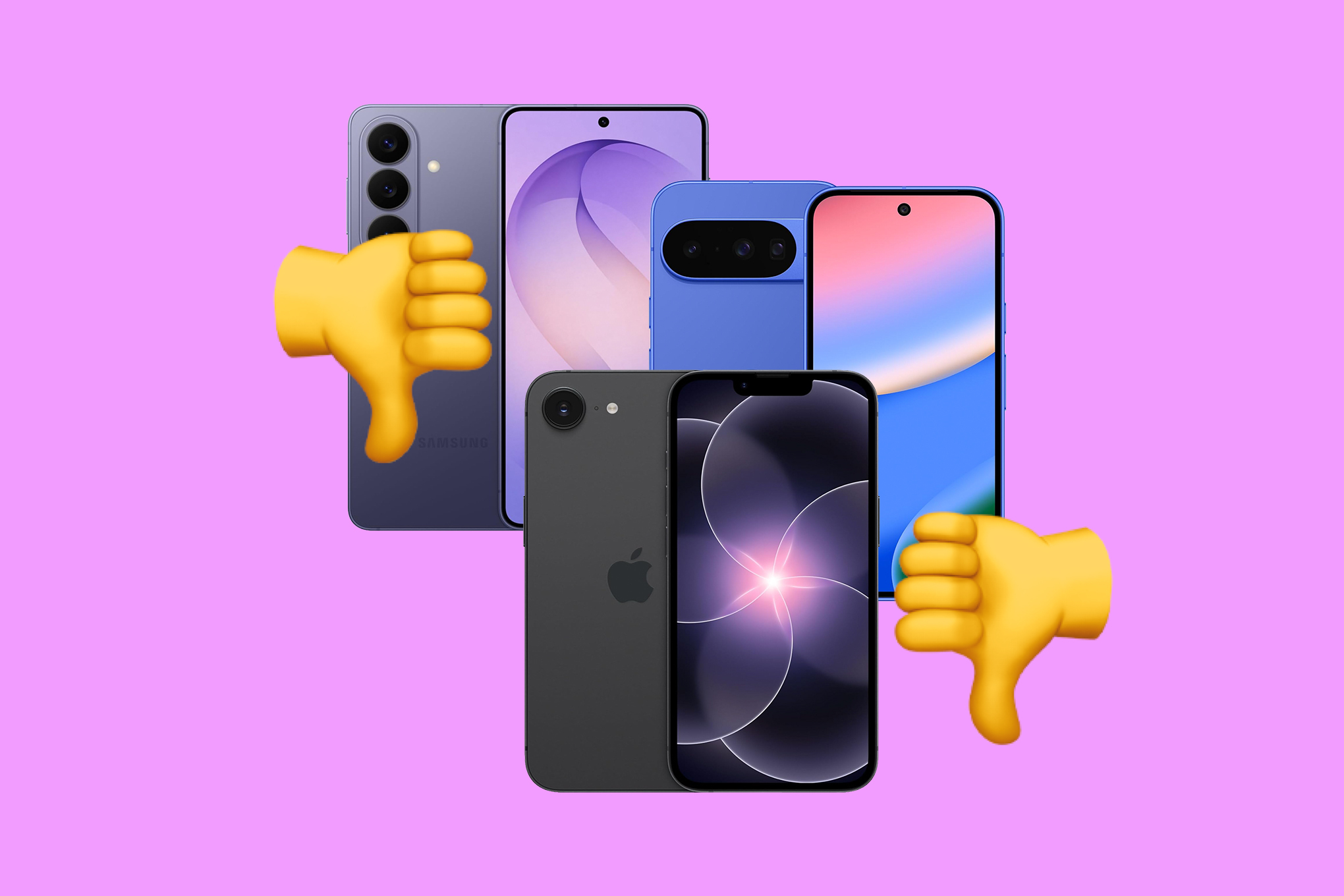 Recent Samsung, Google, and Apple phones with two ‘thumbs down’ emoji on a pink background