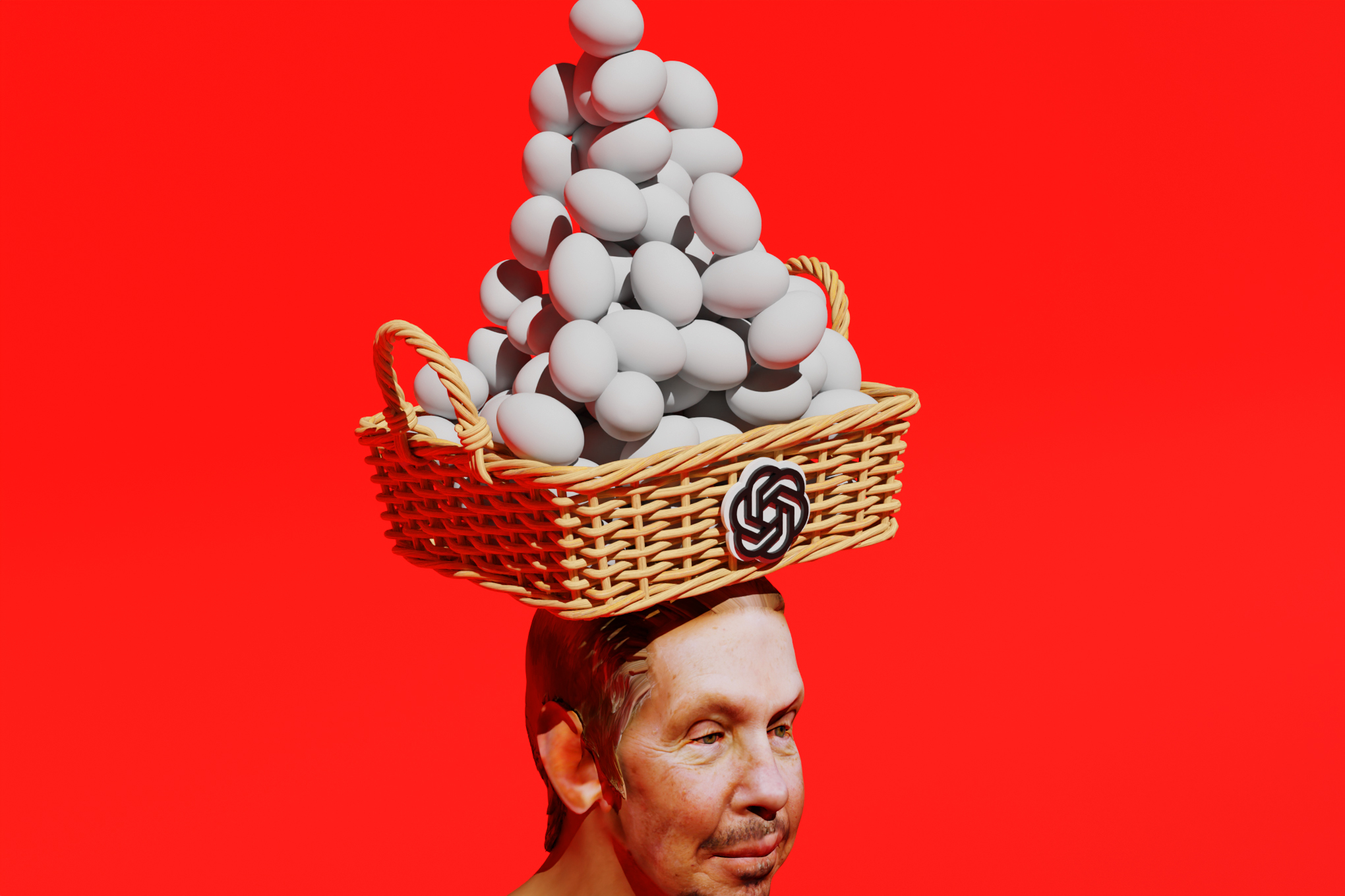 An image of Larry Ellison with a basket of eggs balanced on his head in a basket with the OpenAI logo.