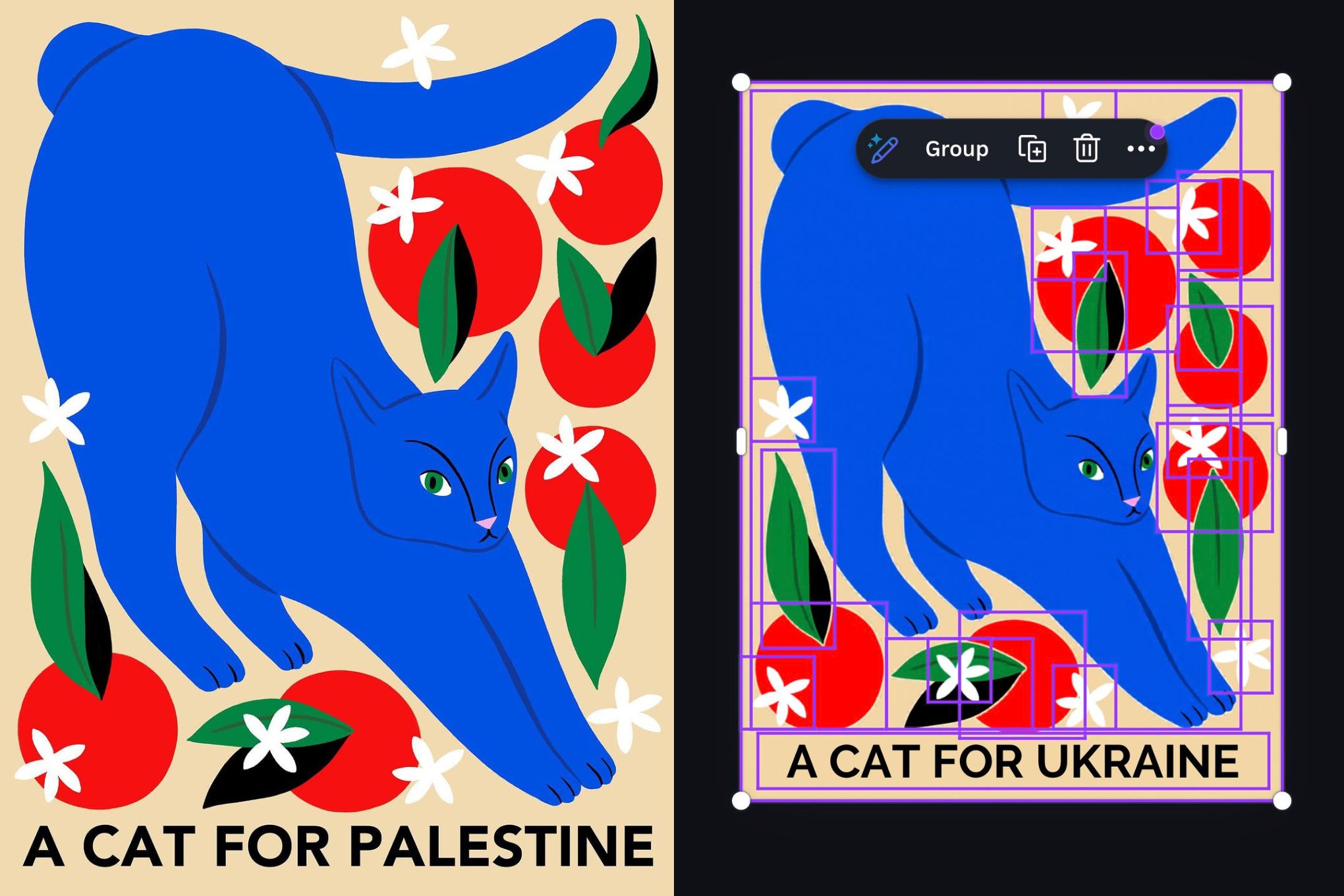 A before and after image of Canva’s Magic layers AI tool changing the word “Palestine” to “Ukraine.”
