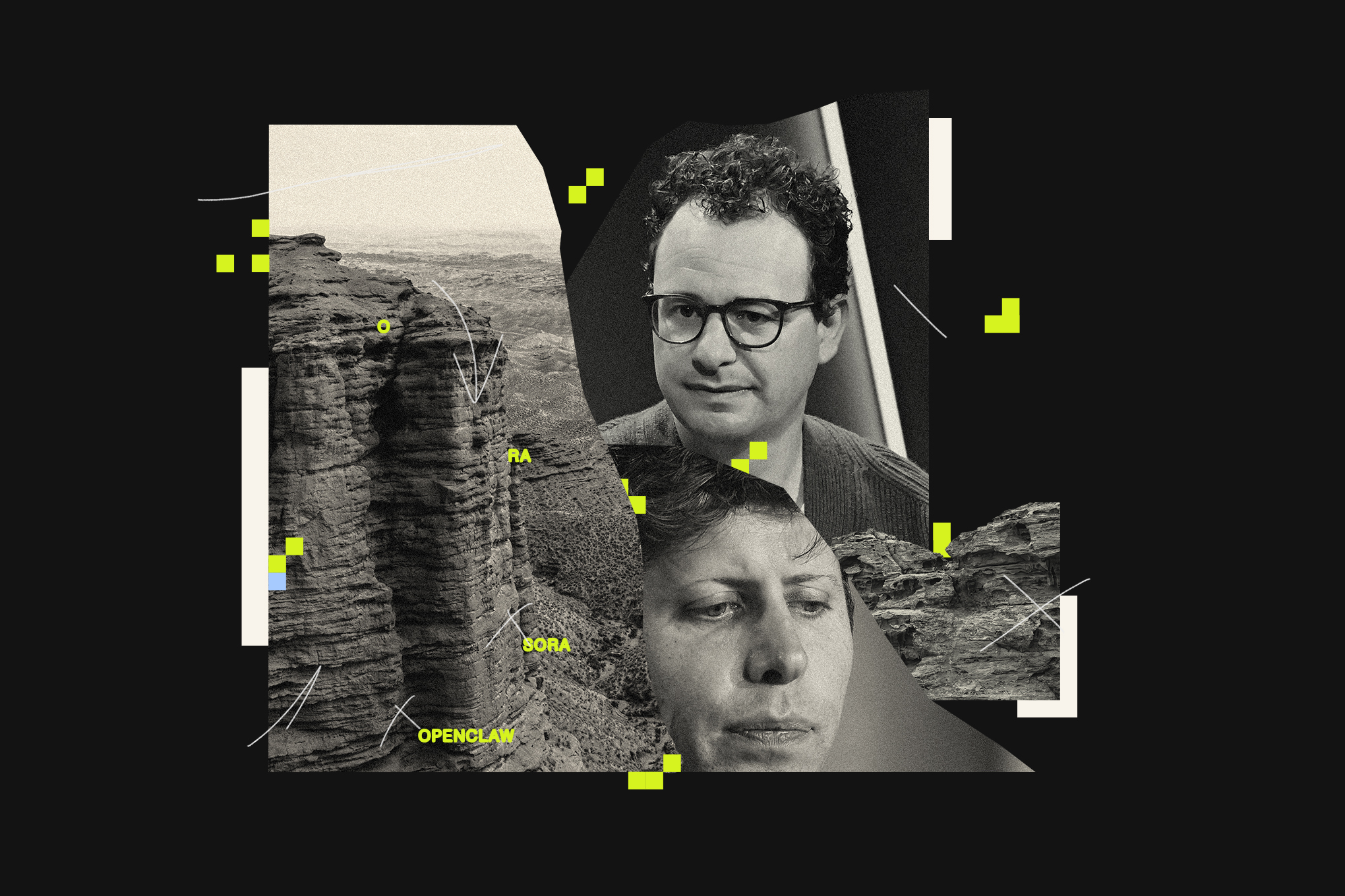 A photo illustration of OpenAI CEO Sam Altman and Anthropic CEO Dario Amodei superimposed over a cliff.