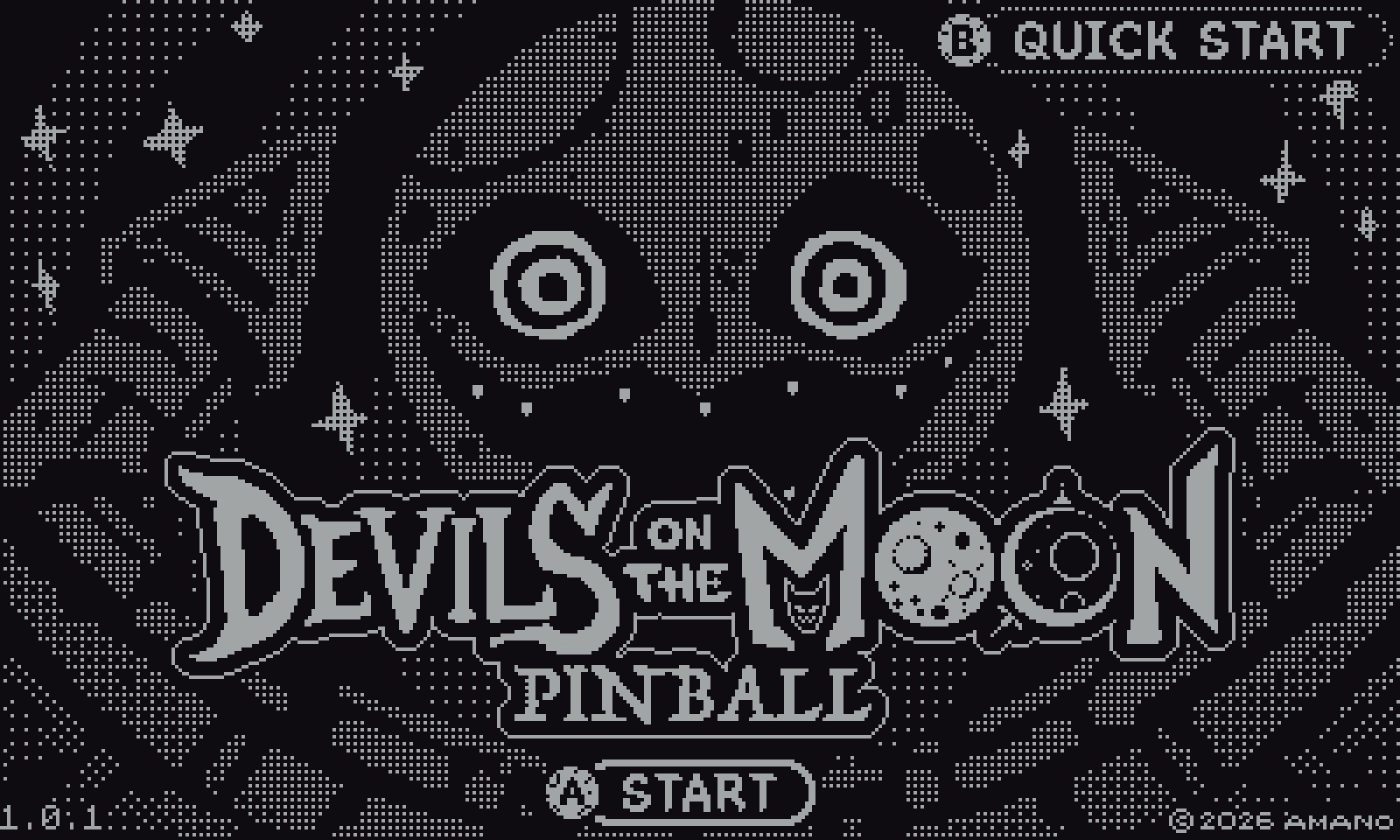 A screenshot from the Playdate game Devils on the Moon Pinball.