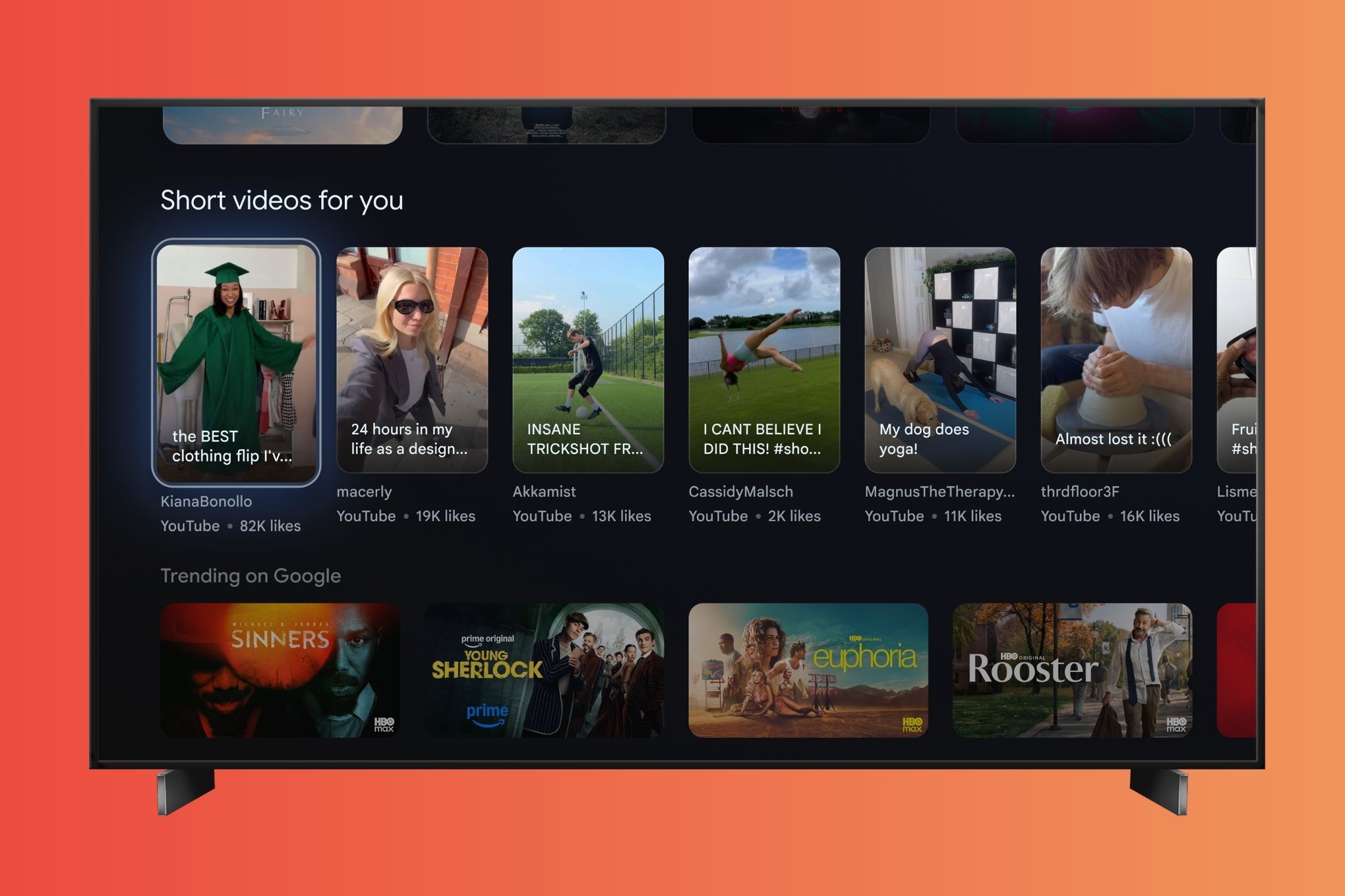 An example of the new short videos row for YouTube Shorts on the Google TV homepage.