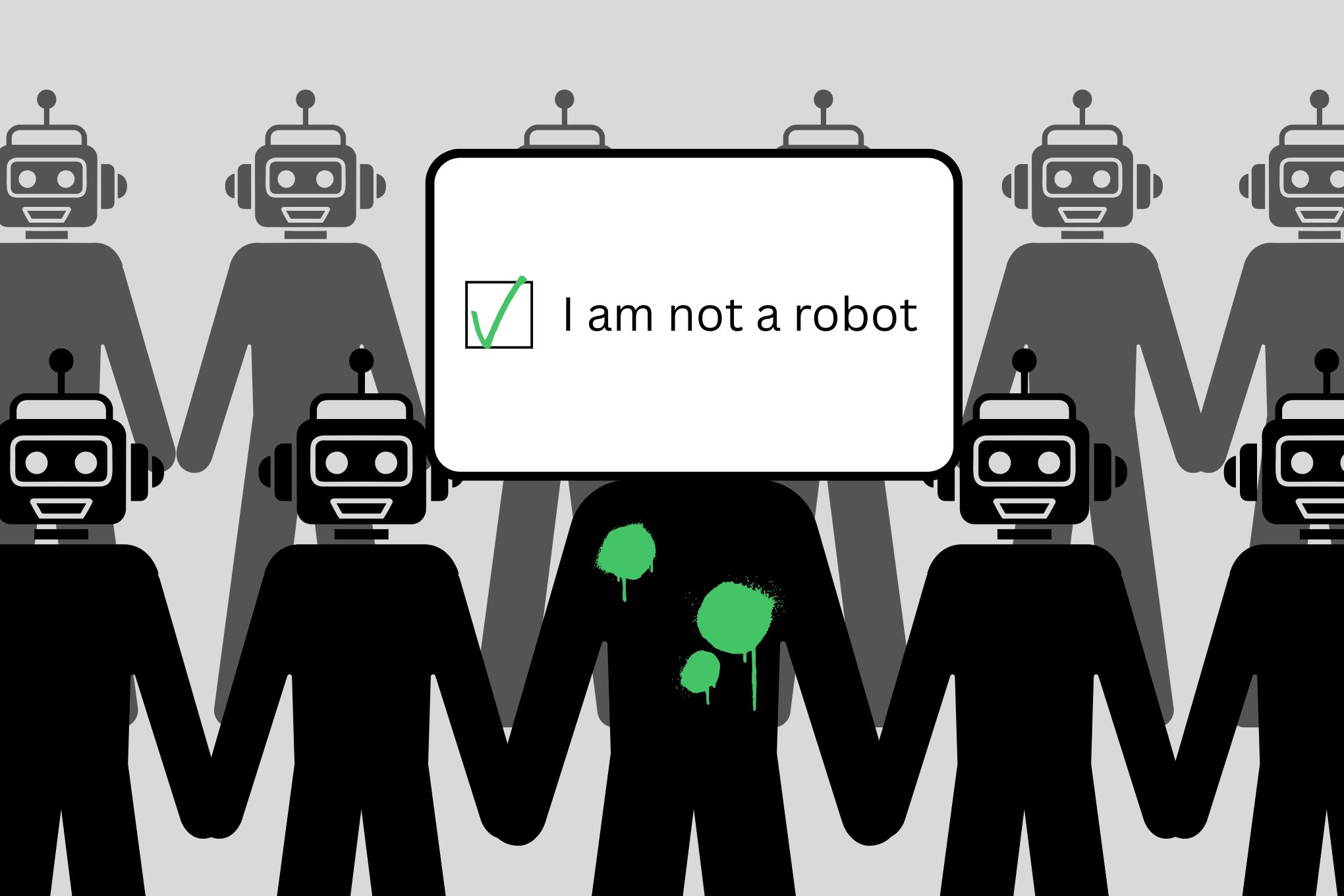 A crowd of robots surrounding someone with a robot captcha for a head.