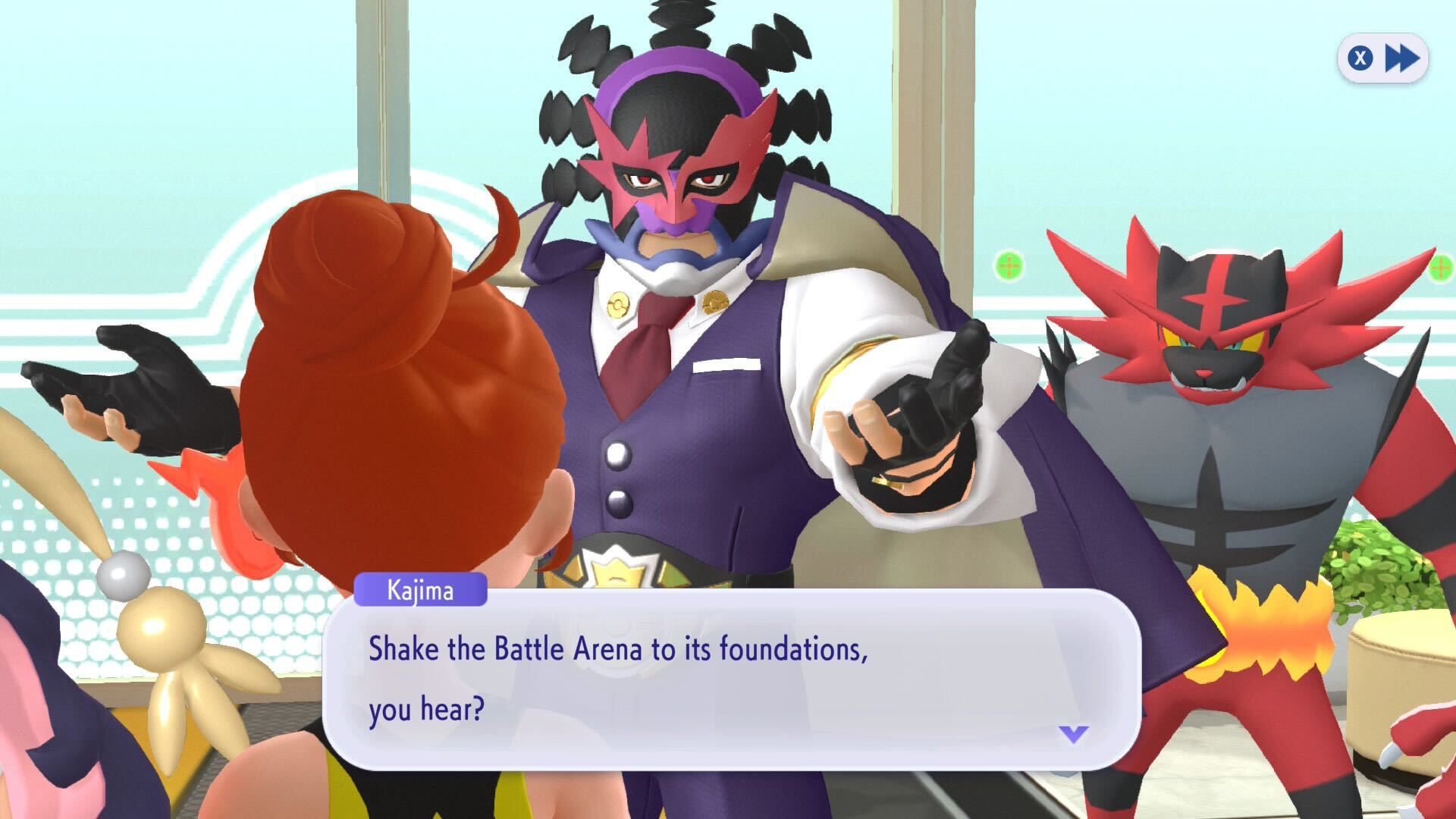 Kajima, a luchador-styled character in Pokémon Champions, stands in front of the player with an Incineroar at his side. He says, “Shake the Battle Arena to its foundations, you hear?”