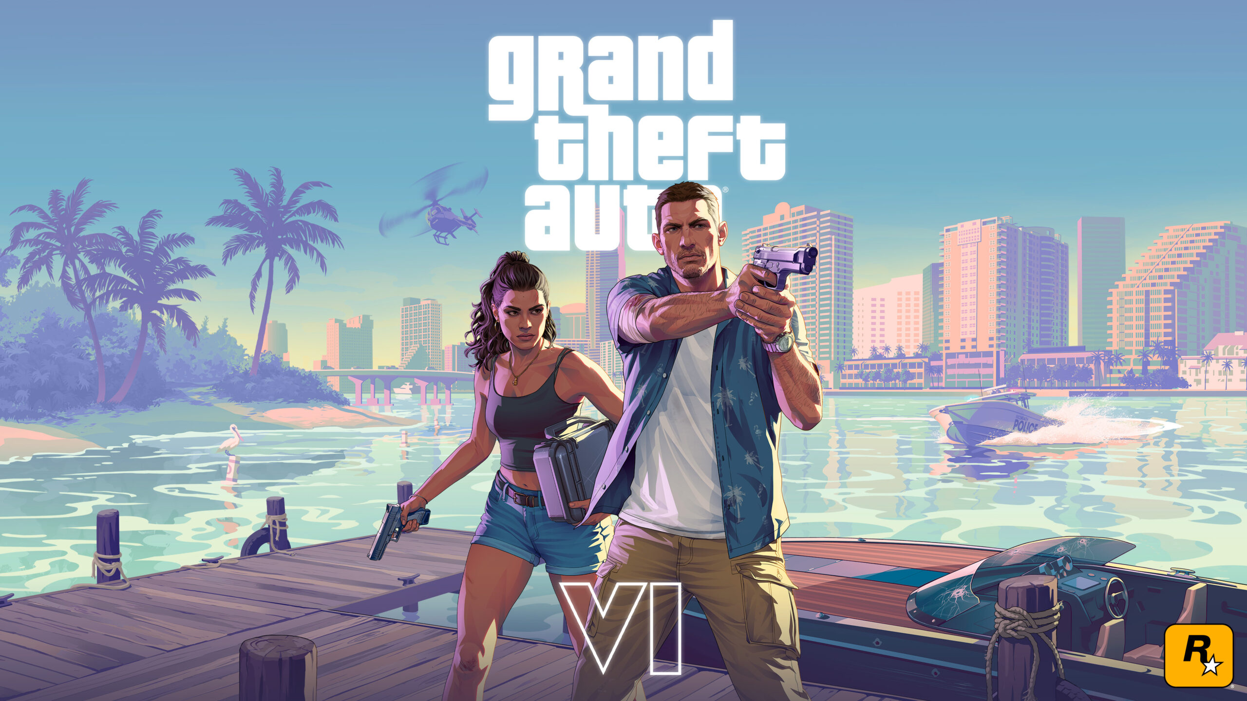 A promotional image for Grand Theft Auto VI with a beach in the background.