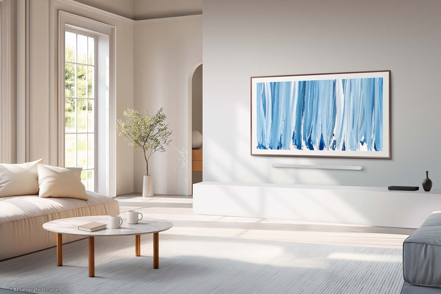 The Samsung Frame TV hanging on a wall in a brightly lit living room.