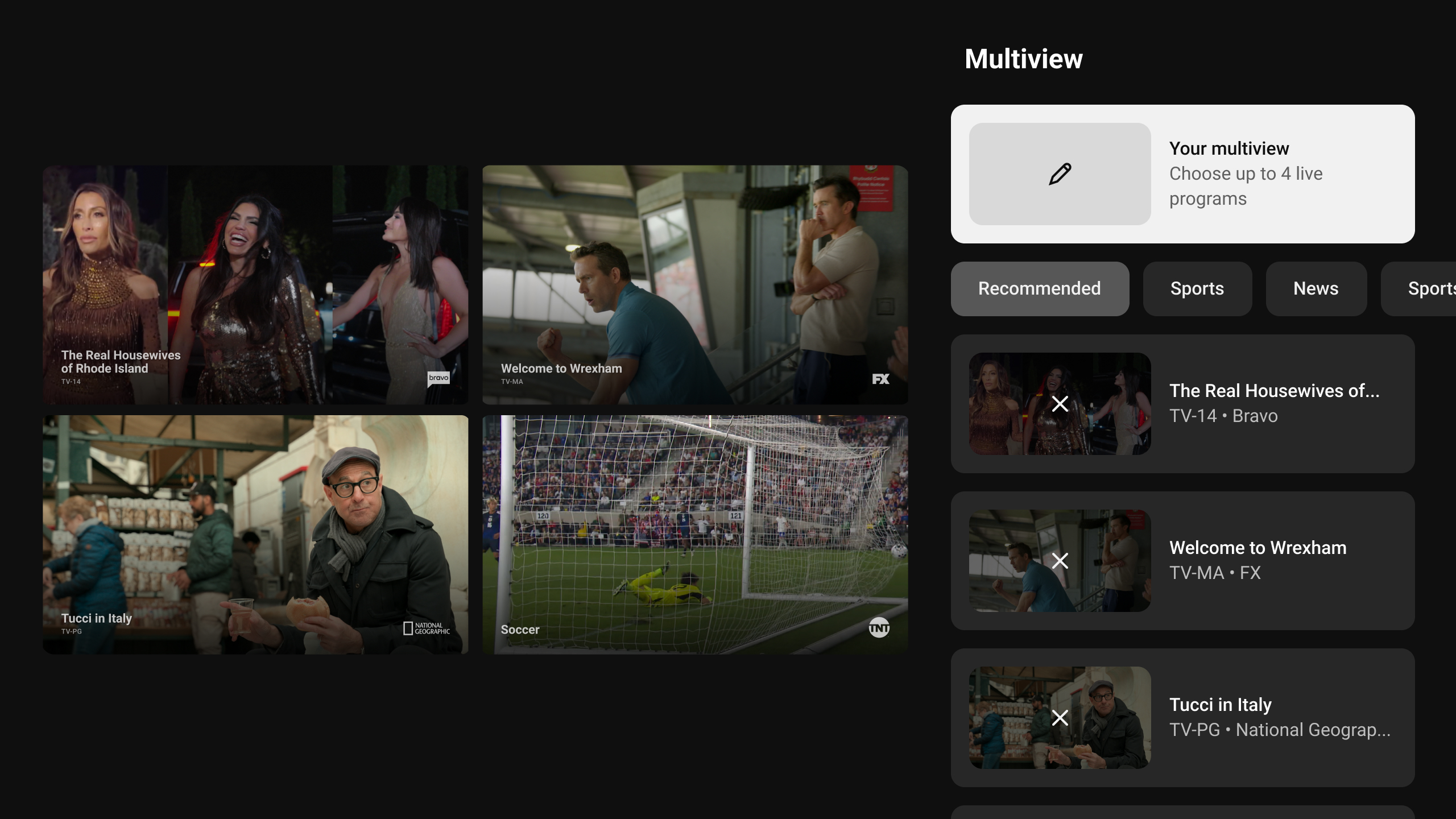 A screenshot of YouTube TV's multiview.