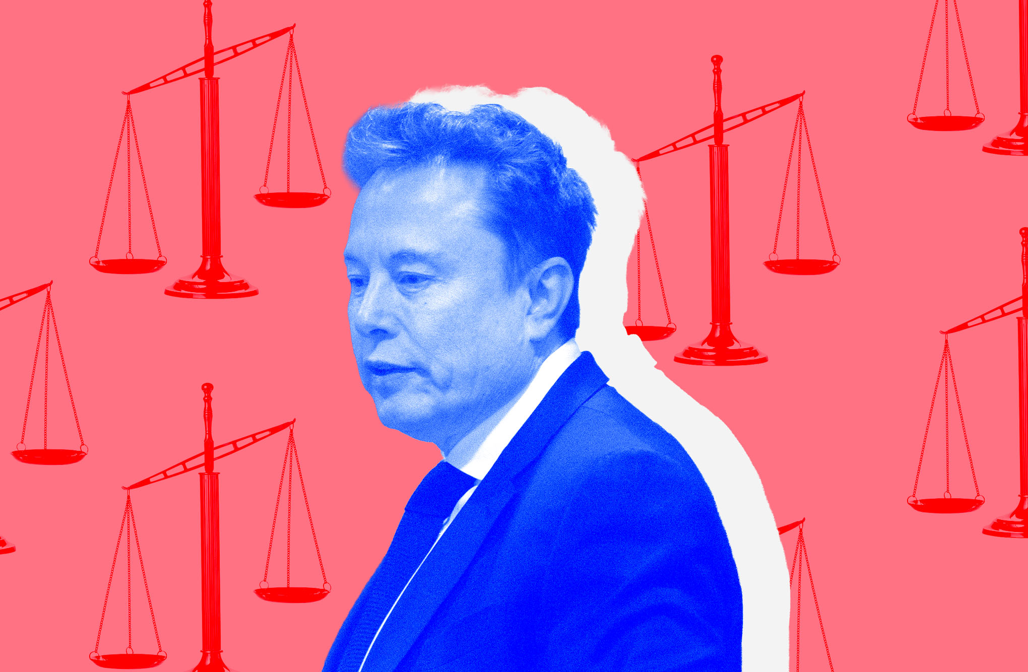Elon Musk in front of a background of justice scales.