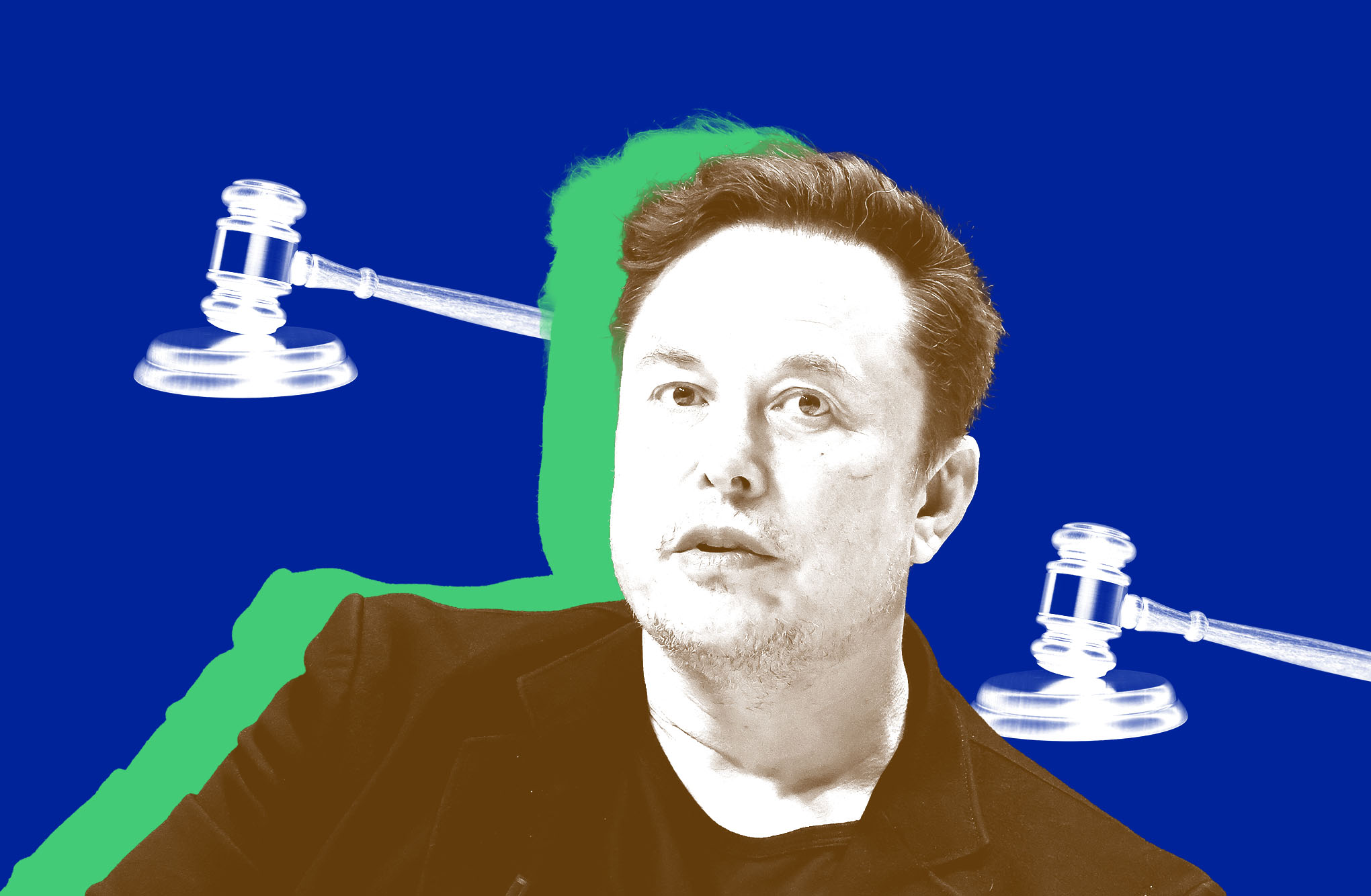 Elon Musk in front of a background of court gavels.