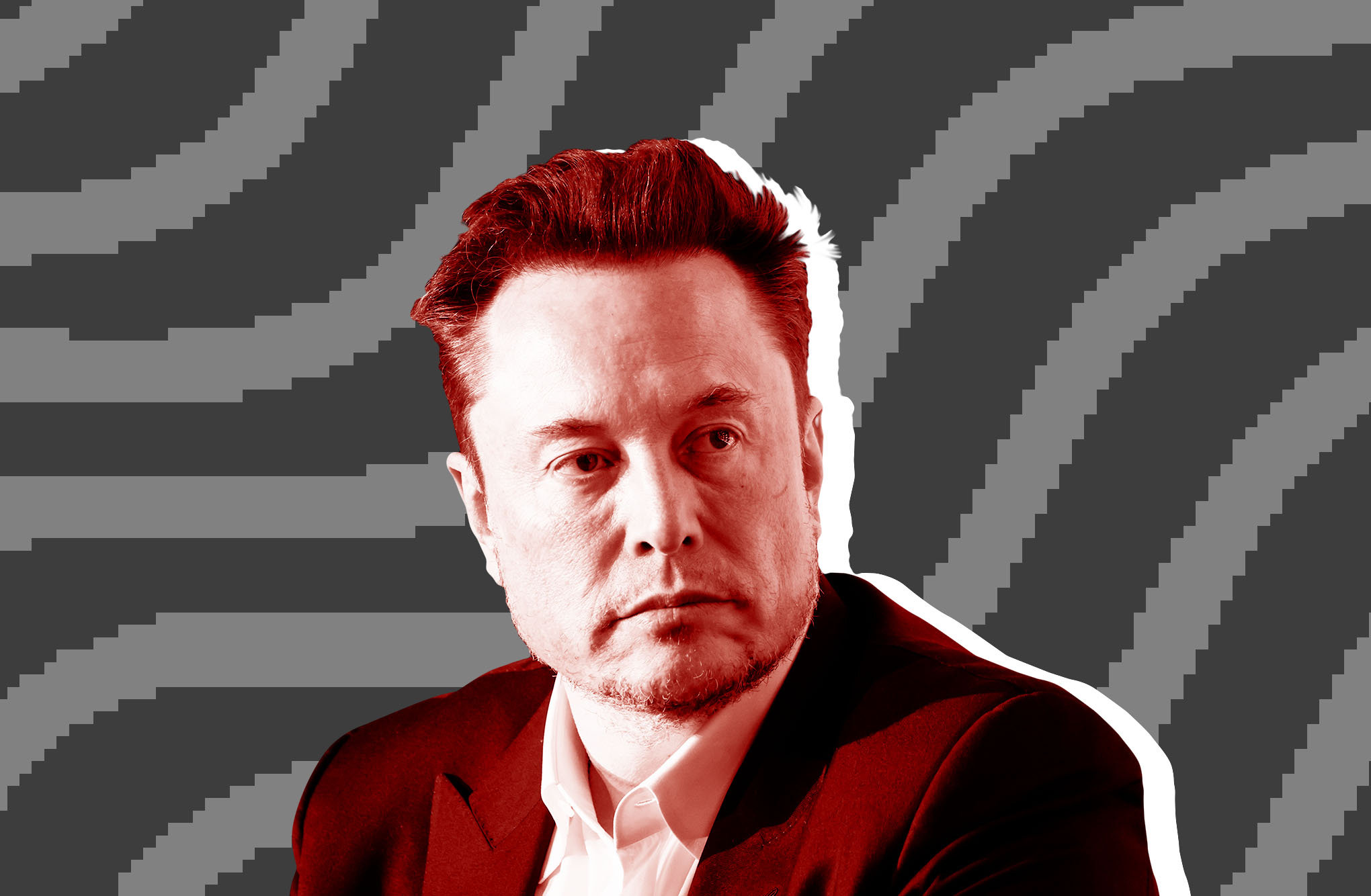 An image of Elon Musk on a gray striped background