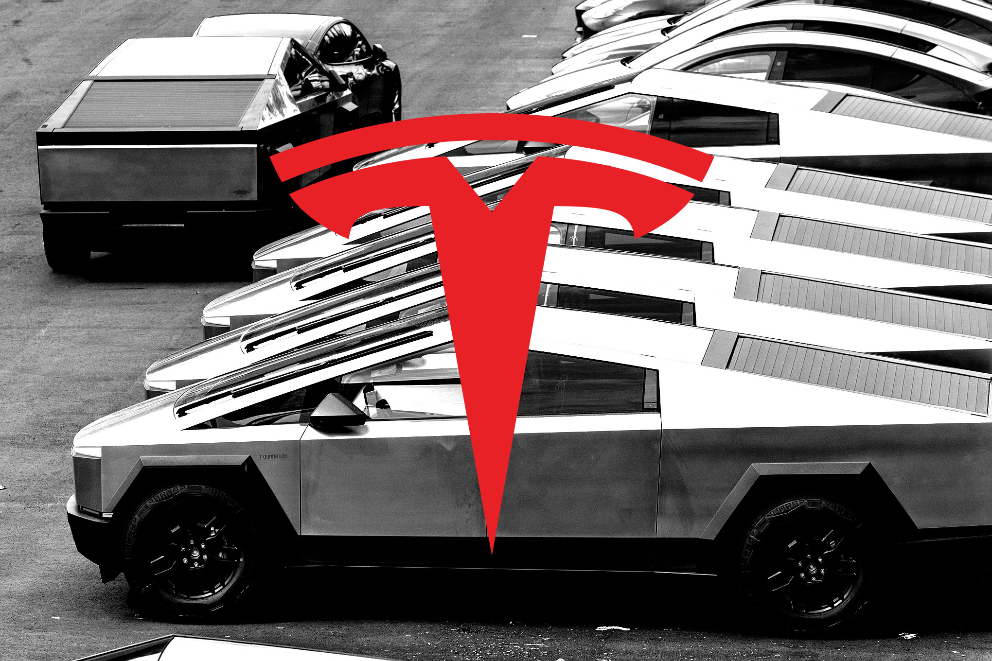 An illustration of Cybertrucks in a lot, with a red Tesla logo over it.