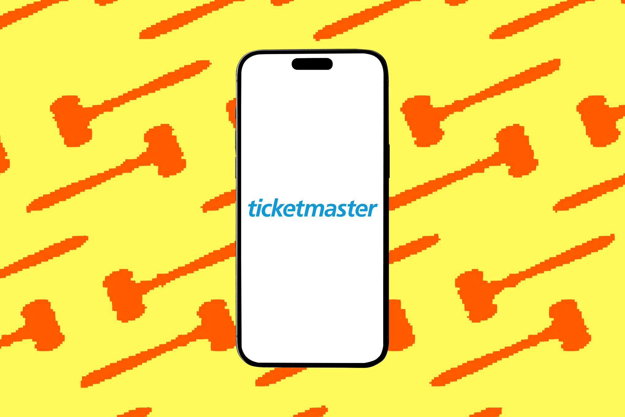Image of Ticketmaster on a phone with gavels in the background