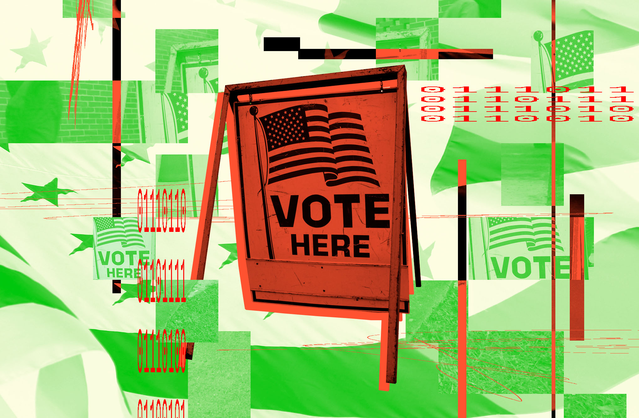 Graphic photo illustration of a voting sign that reads “Vote here”.