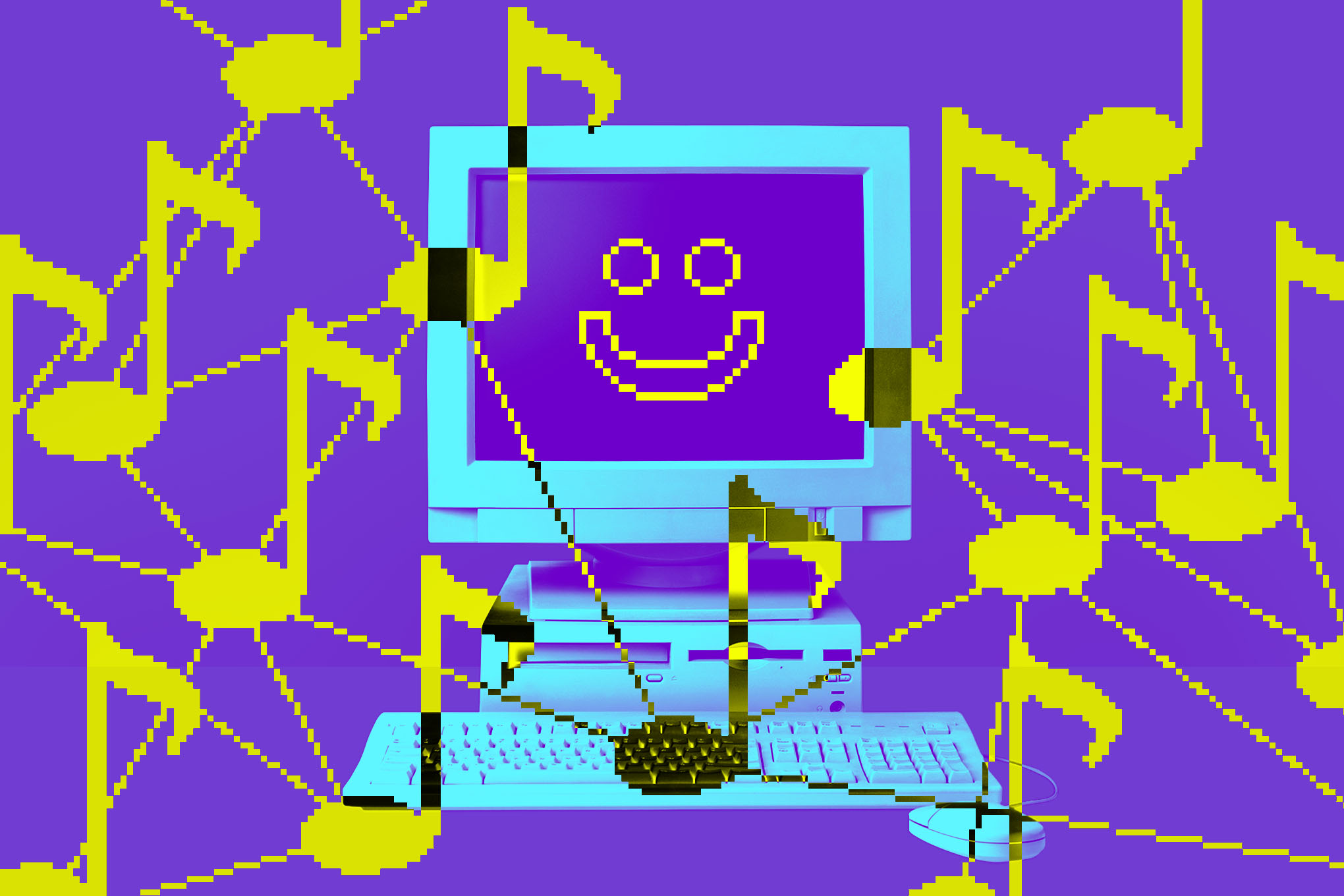 A smiling computer surrounded by music notes.