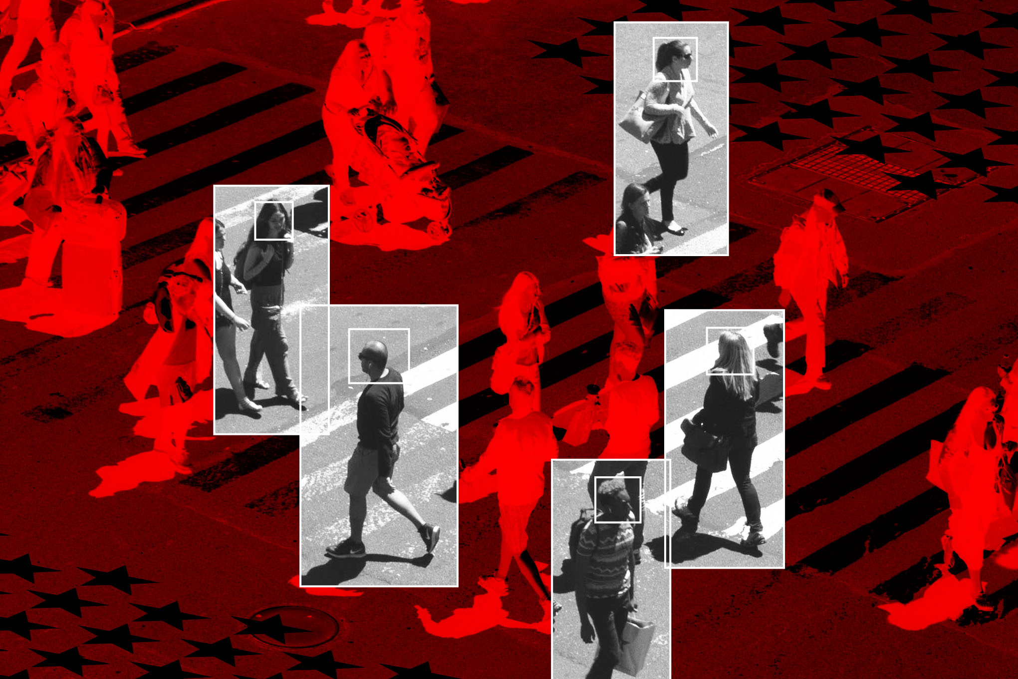 Photo collage of people walking on a busy street with digital effects to suggest they are being watched and tracked.