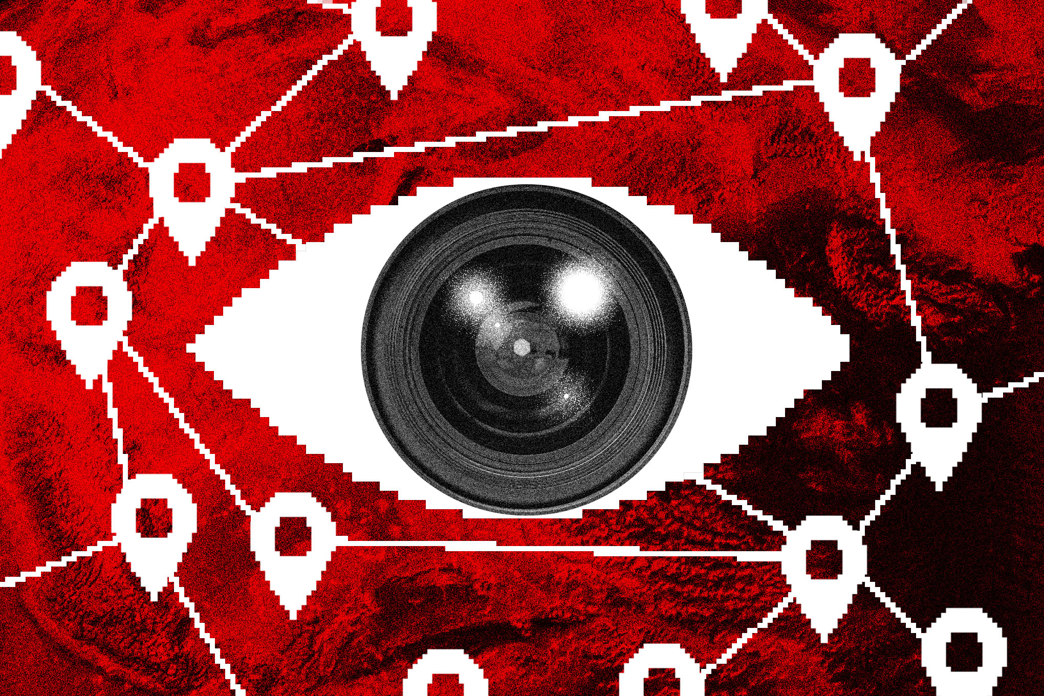 An eye with a camera lens instead of a pupil over a background of location pins.